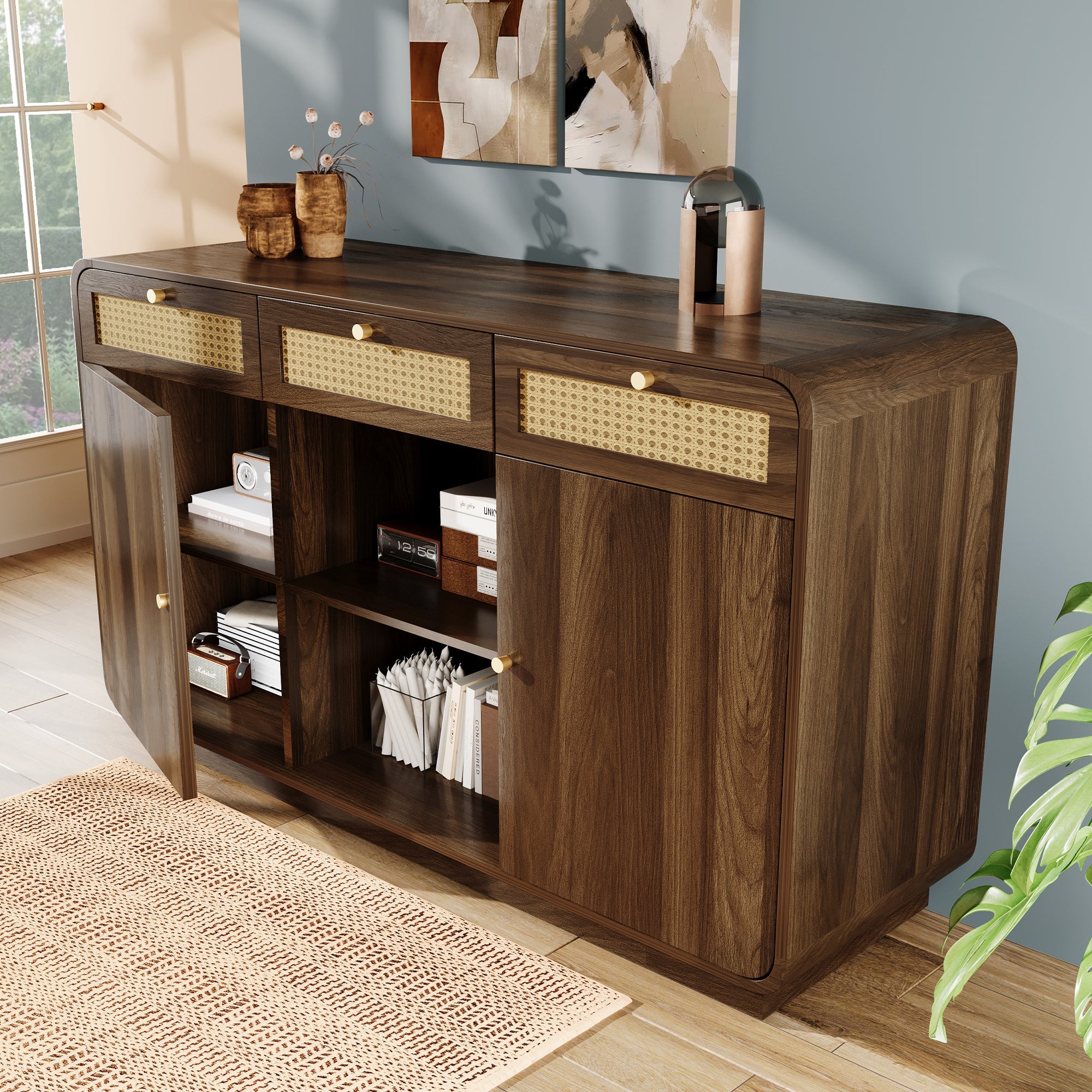 Logidon sideboard 120 cm walnut with rattan and gold handles