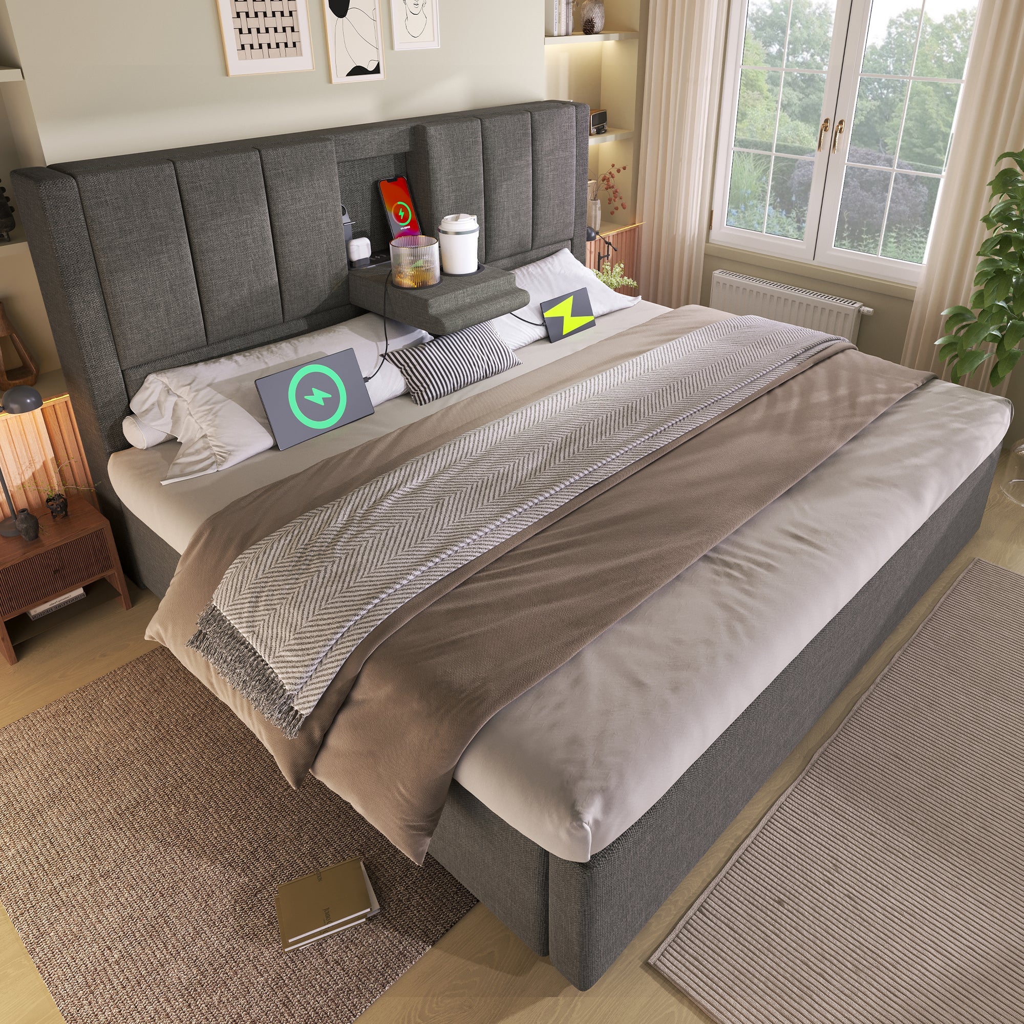 Logidon gestoffeerd bed 140x190 cm met bekerhouder en USB-oplader grijs