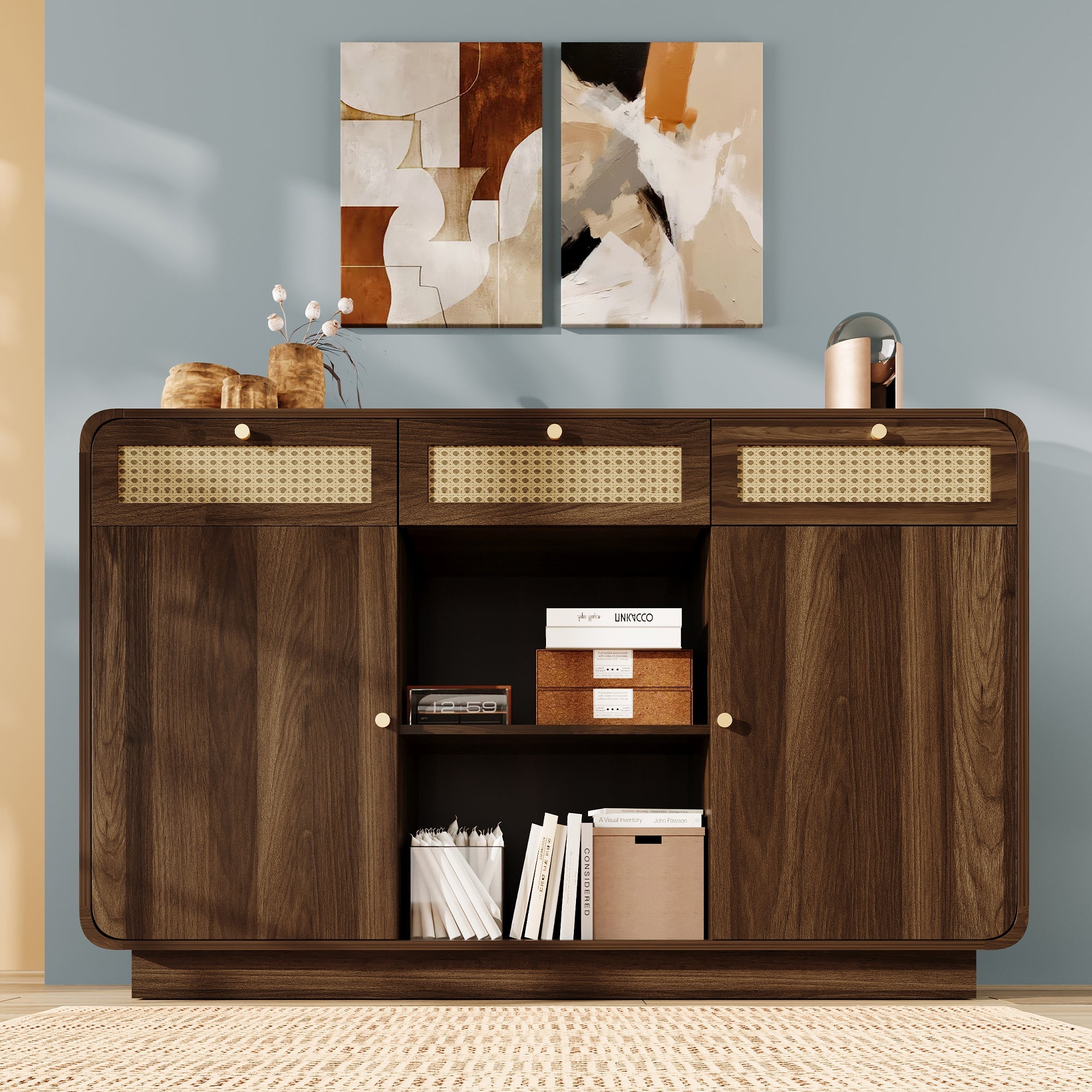 Logidon sideboard 120 cm walnut with rattan and gold handles