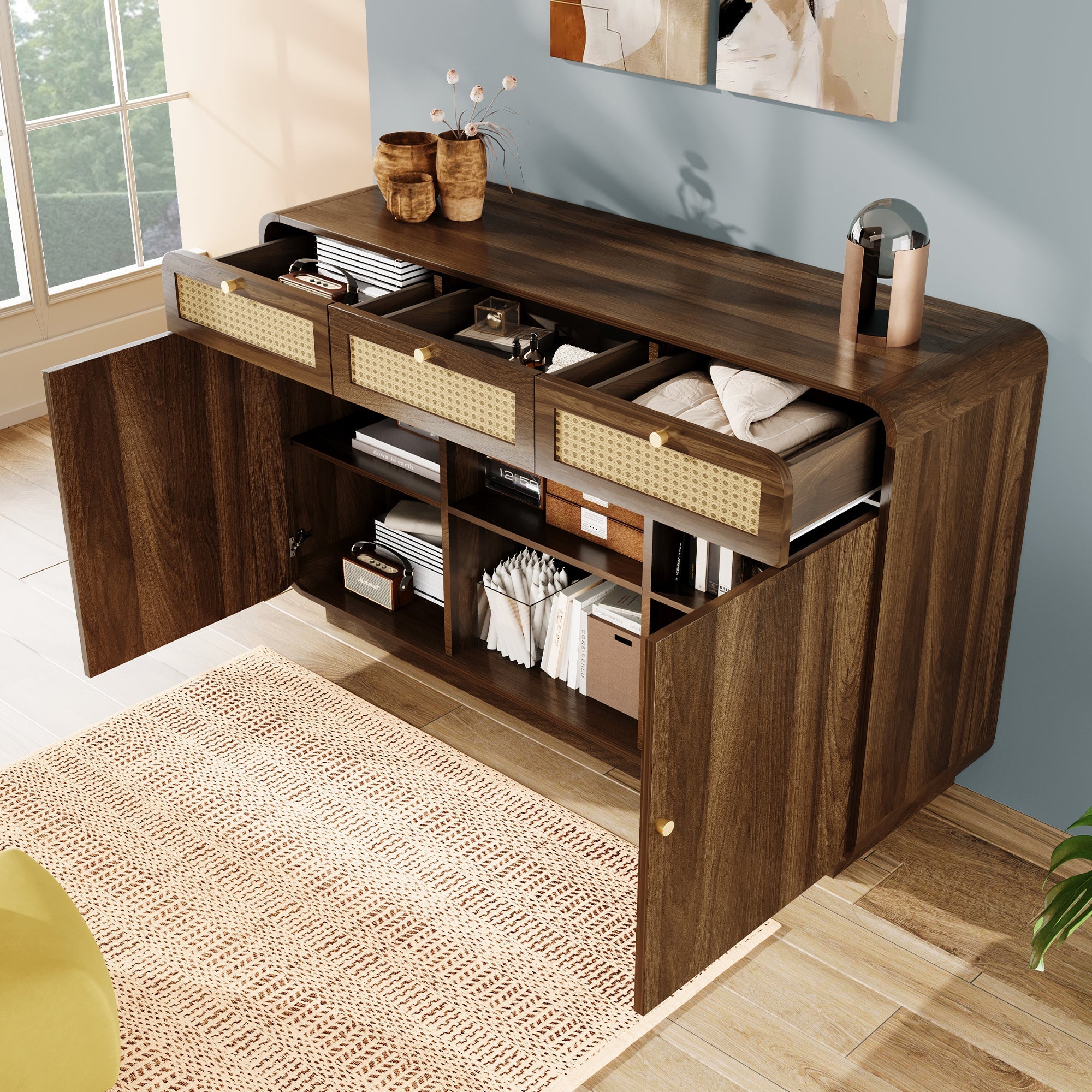 Logidon sideboard 120 cm walnut with rattan and gold handles