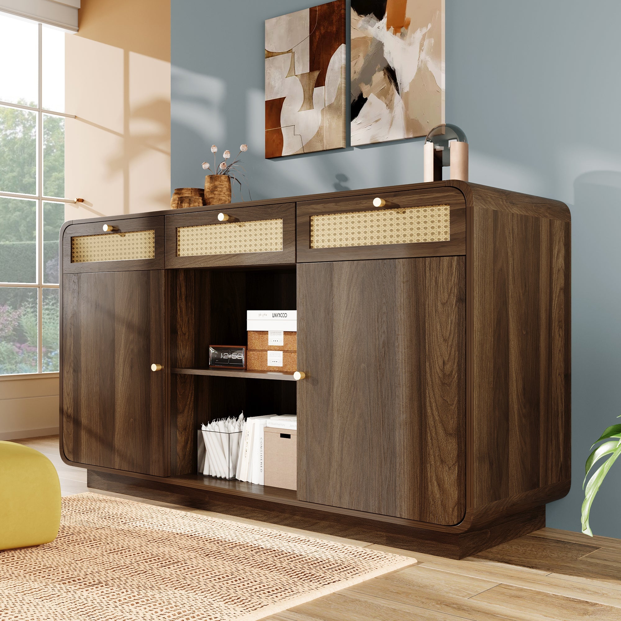 Logidon sideboard 120 cm walnut with rattan and gold handles