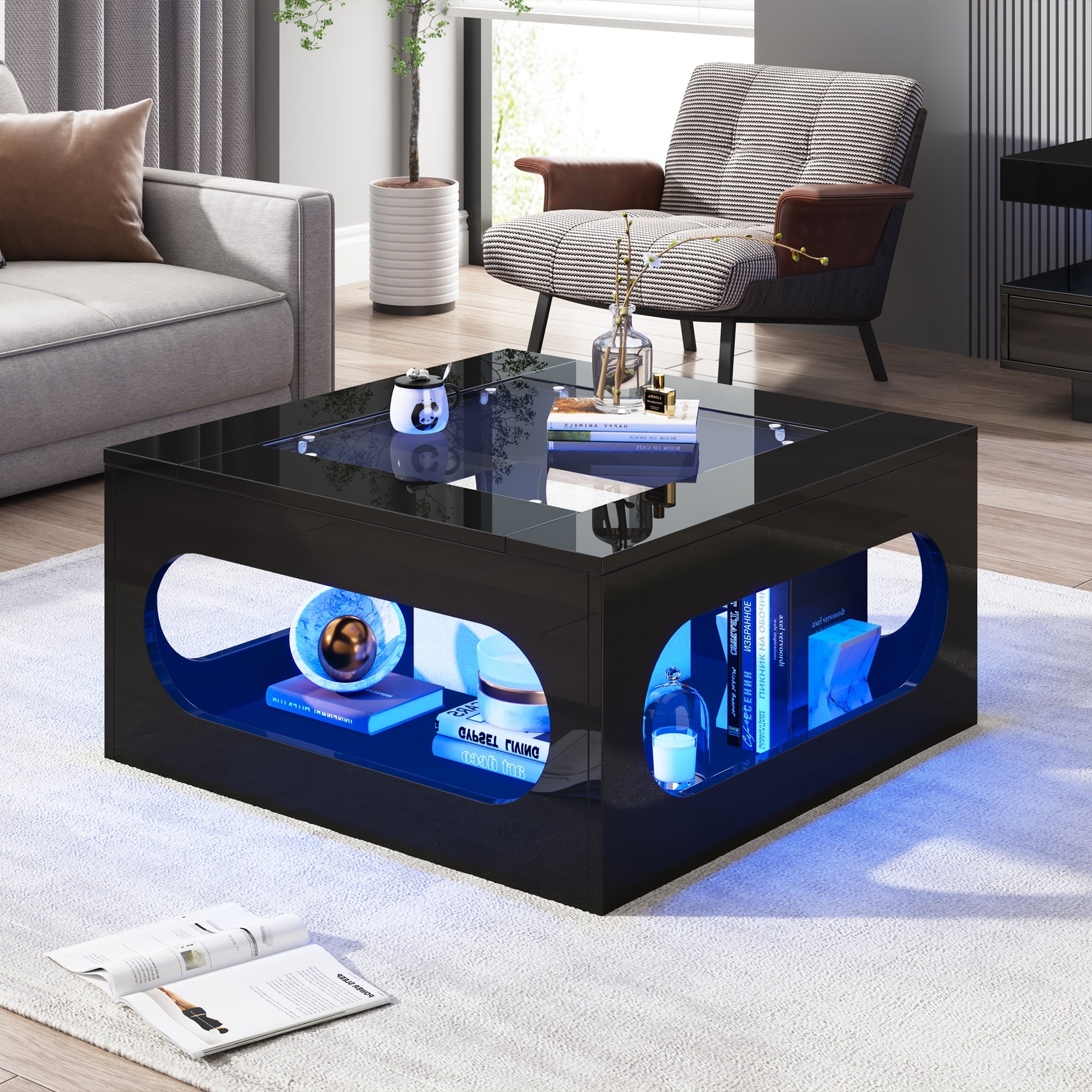 Logidon LED salontafel 70x70 cm vierkant zwart MDF glasblad