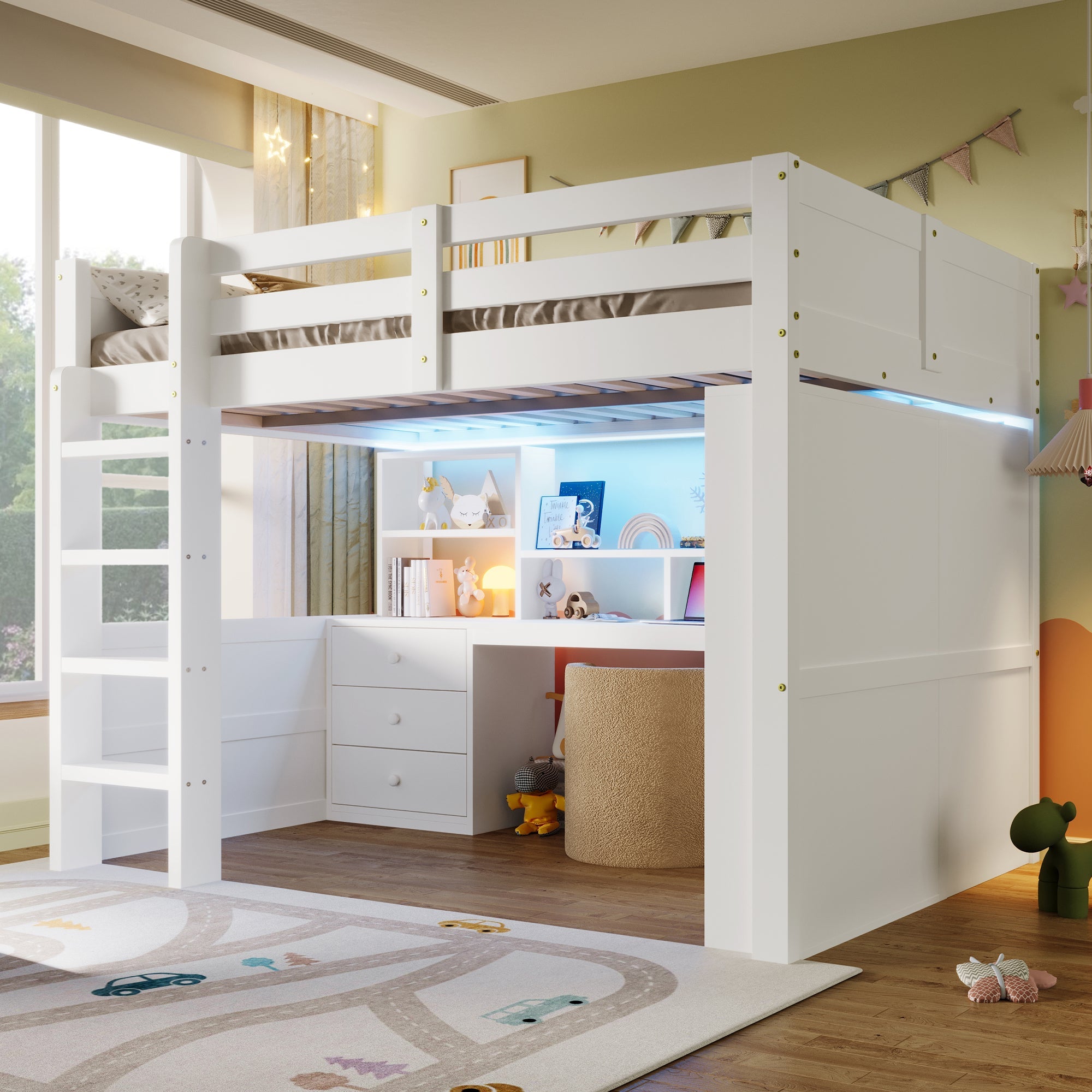 Logidon hoogslaper, 140x200cm, met LED verlichting, kledingkast, bureau, lades, opbergvakken, zonder matras, wit