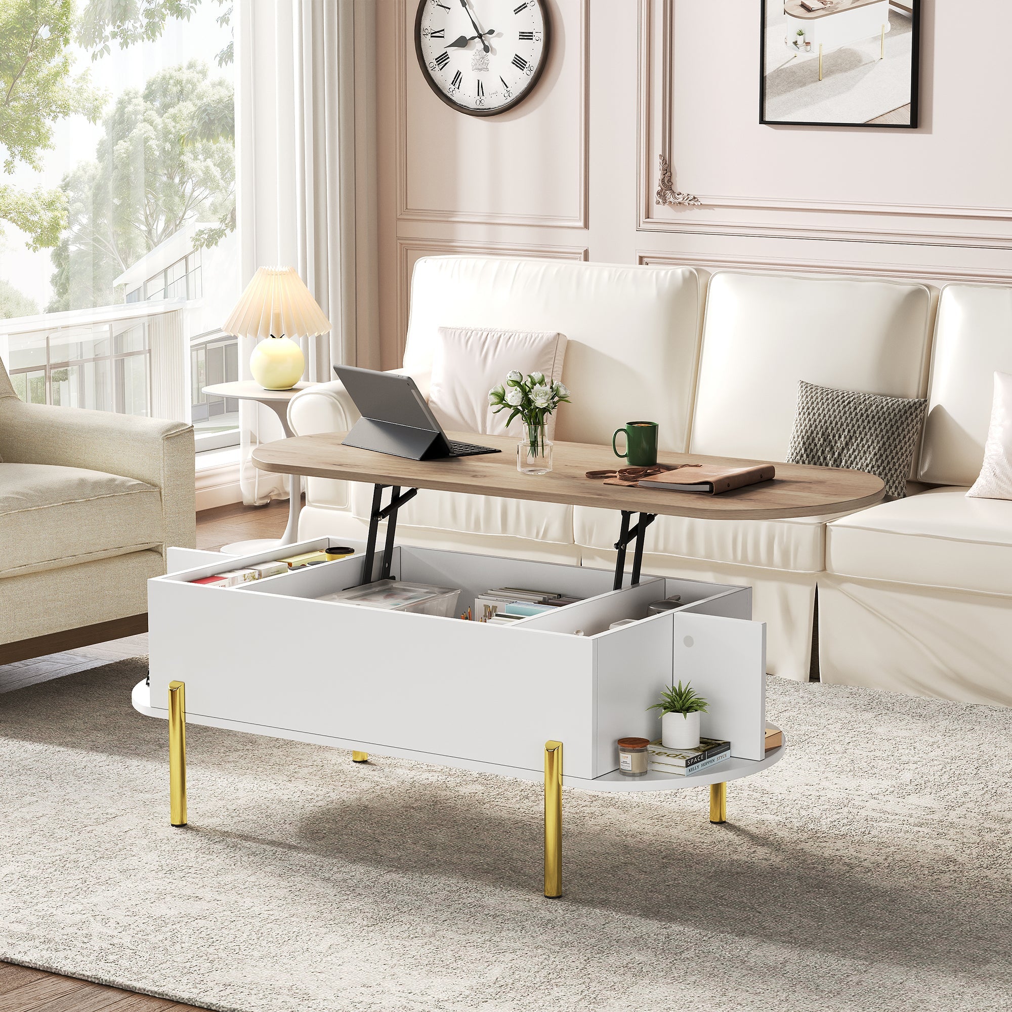 Logidon Verstelbare Salontafel 120x50x43 cm Met Opbergruimte Wit Hout