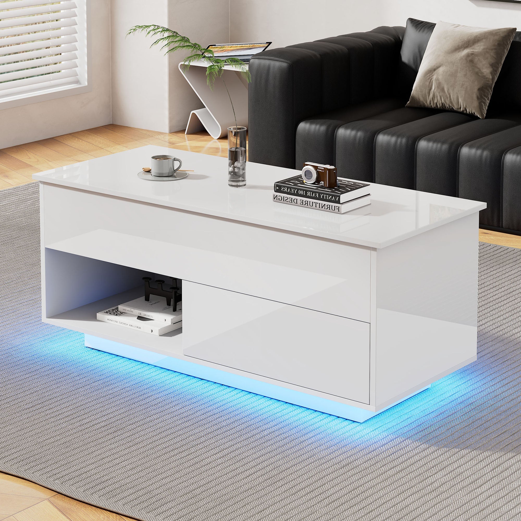 Logidon hoogglans hefsalontafel 100 x 50 cm witte LED-verlichting