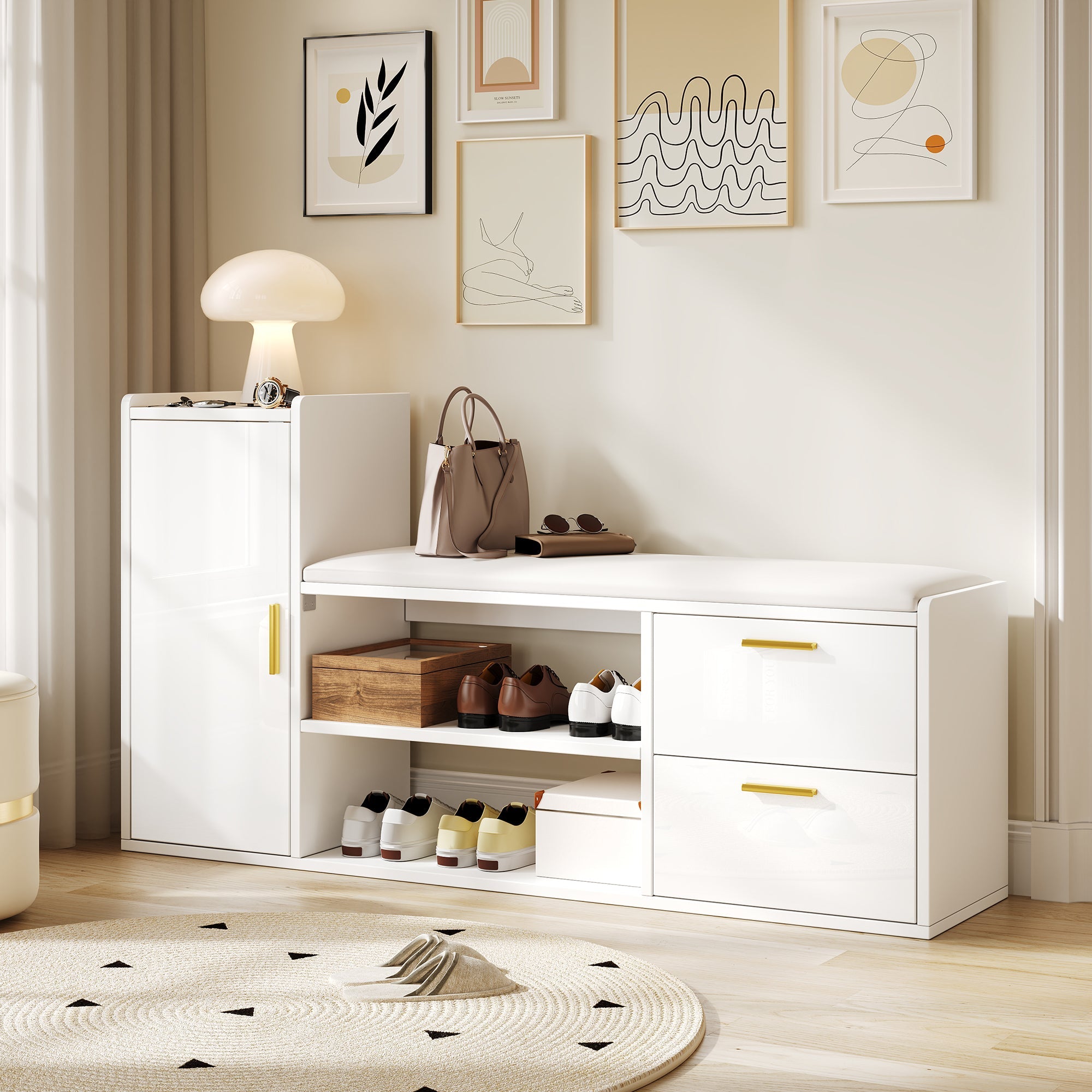 Logidon schoenenbank wit hoogglans 128x30x68 cm met 2 lades