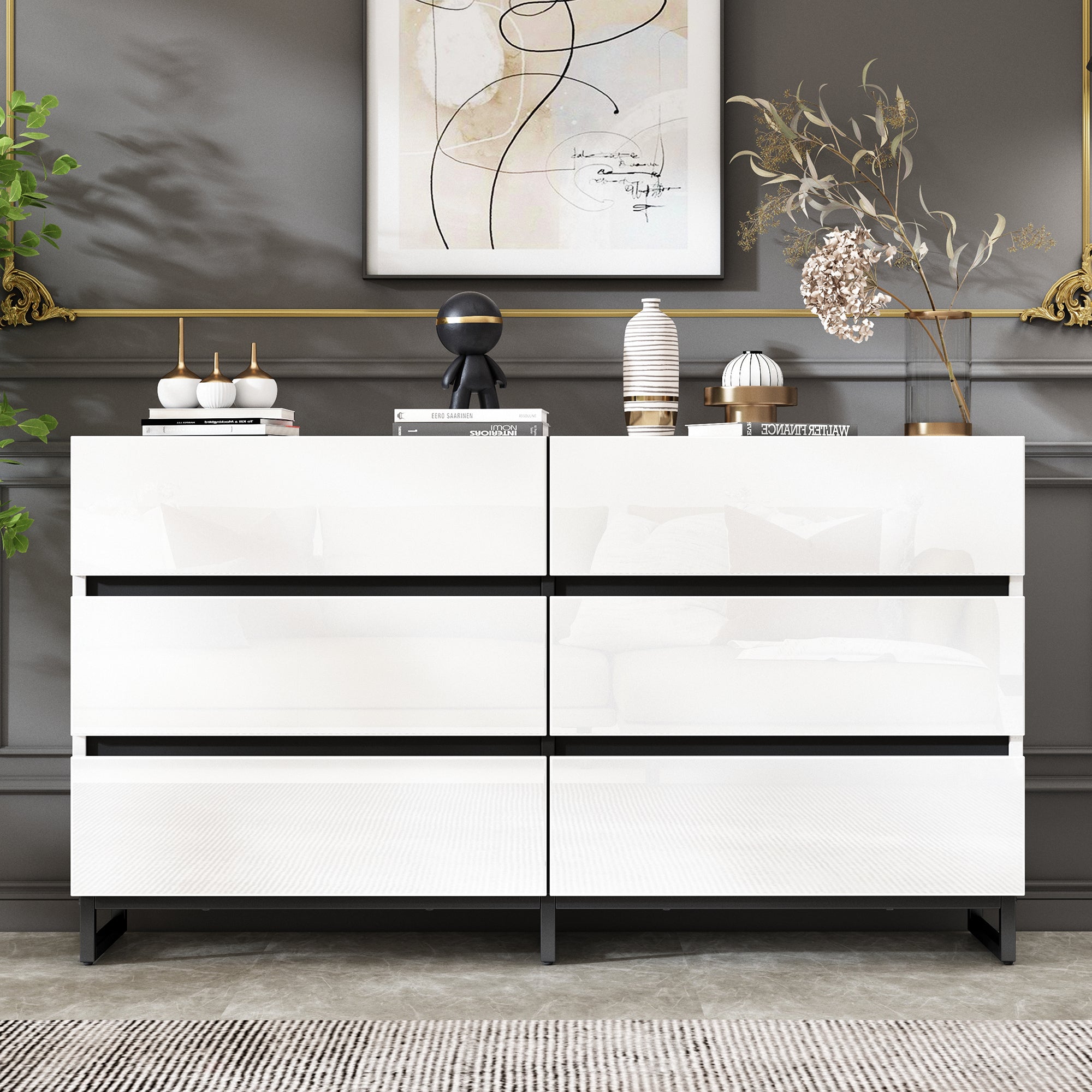 Logidon dressoir 140 cm hoogglans wit zwart met 6 lades