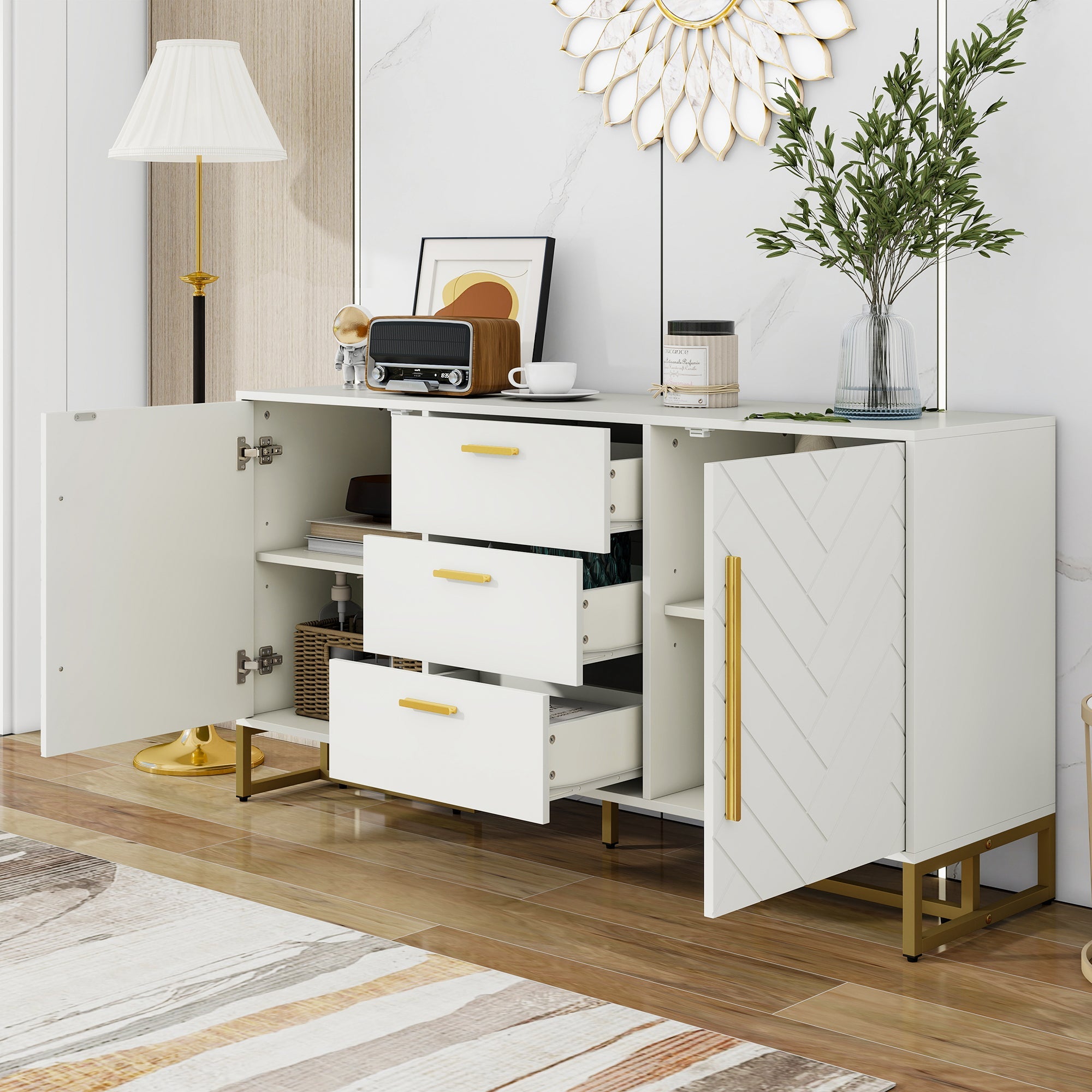 Logidon dressoir wit visgraatpatroon 145x40x75 cm 3 lades