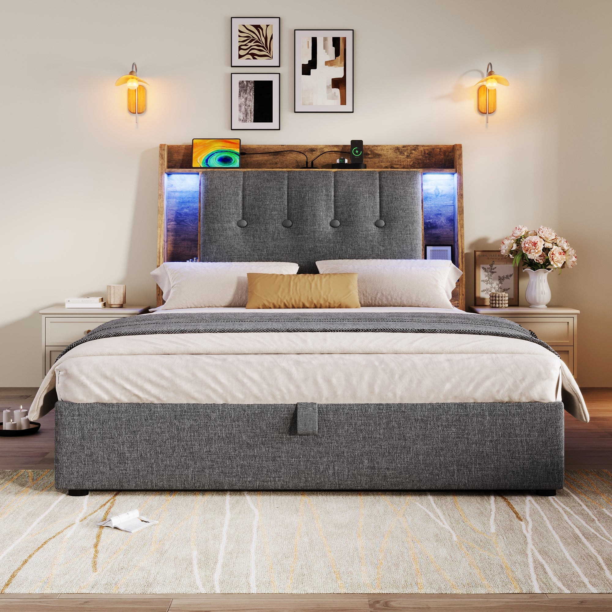 Logidon gestoffeerd bed 90x200 grijs met USB TypeC oplaadfunctie