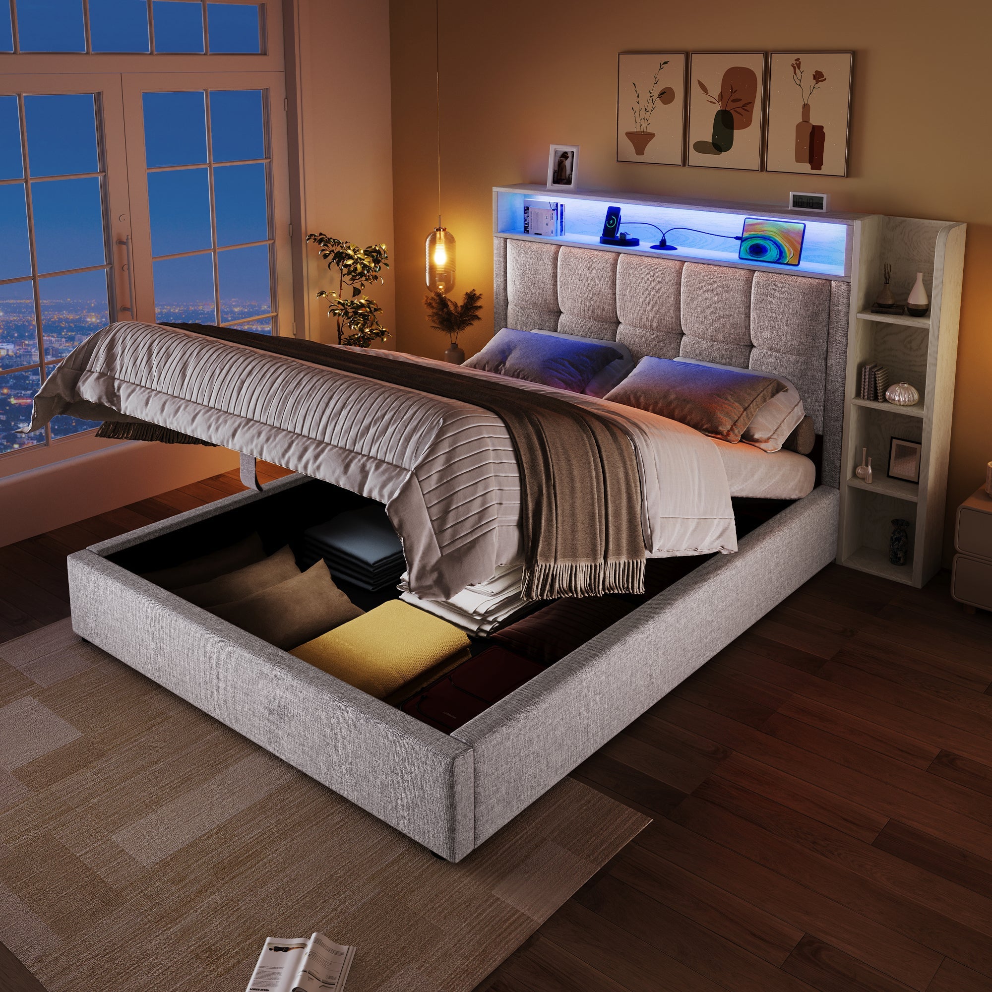 Logidon gestoffeerd bed 90x200 cm beige USB C oplaadfunctie opbergruimte