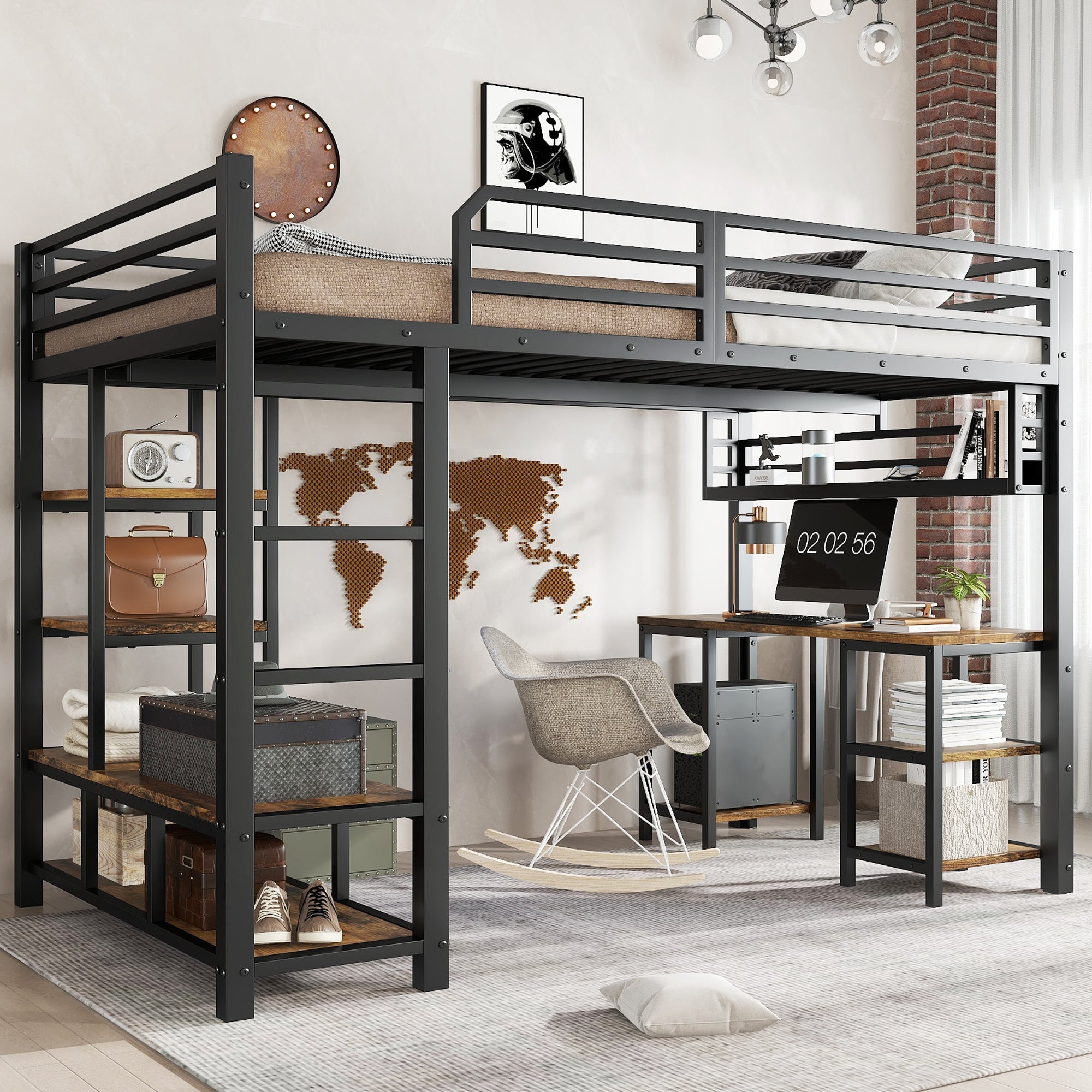 Logidon hoogslaper 120x200 cm metaal zwart met bureau en plank