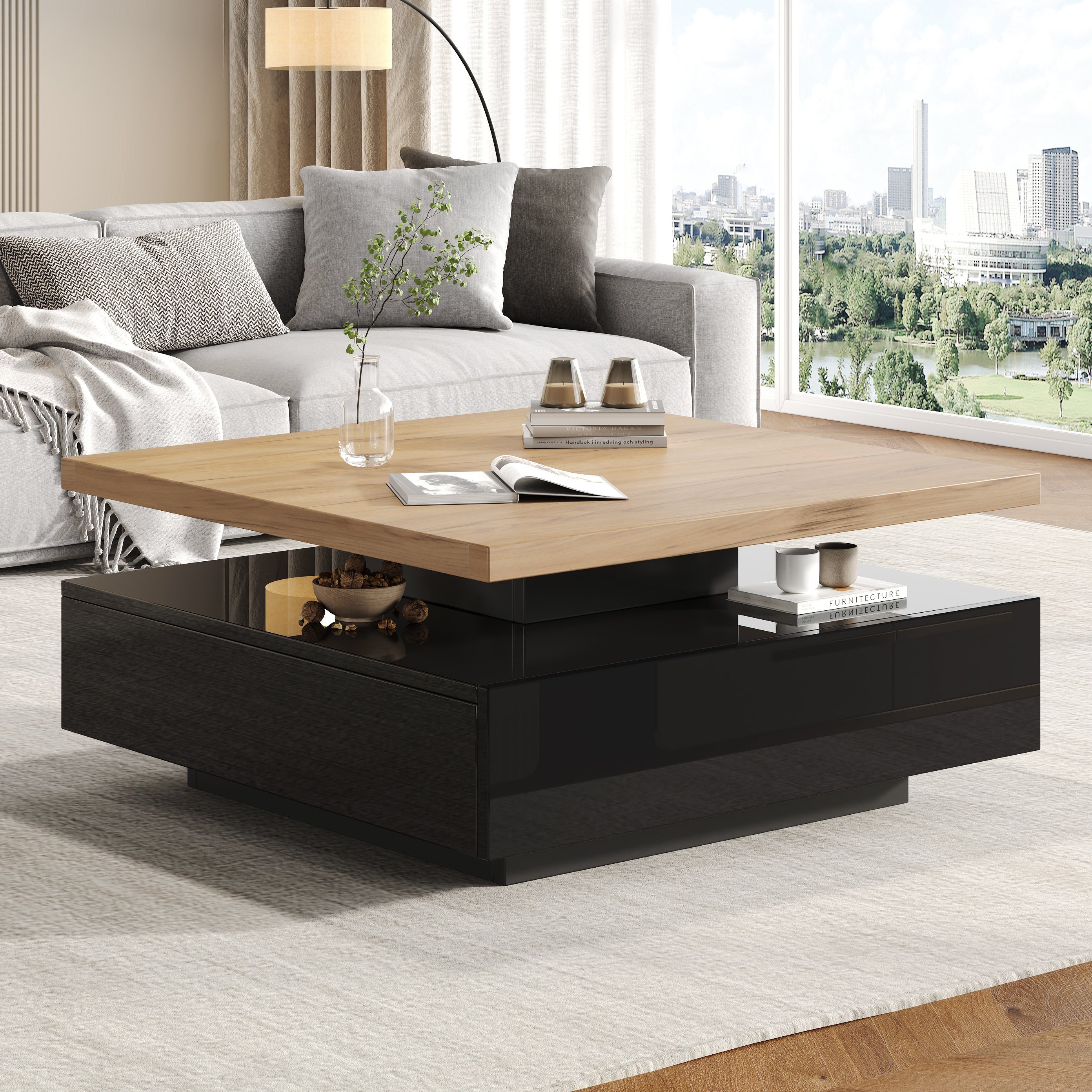 Logidon Vierkante Draaibare Salontafel 70x70 cm Bruin 360 graden