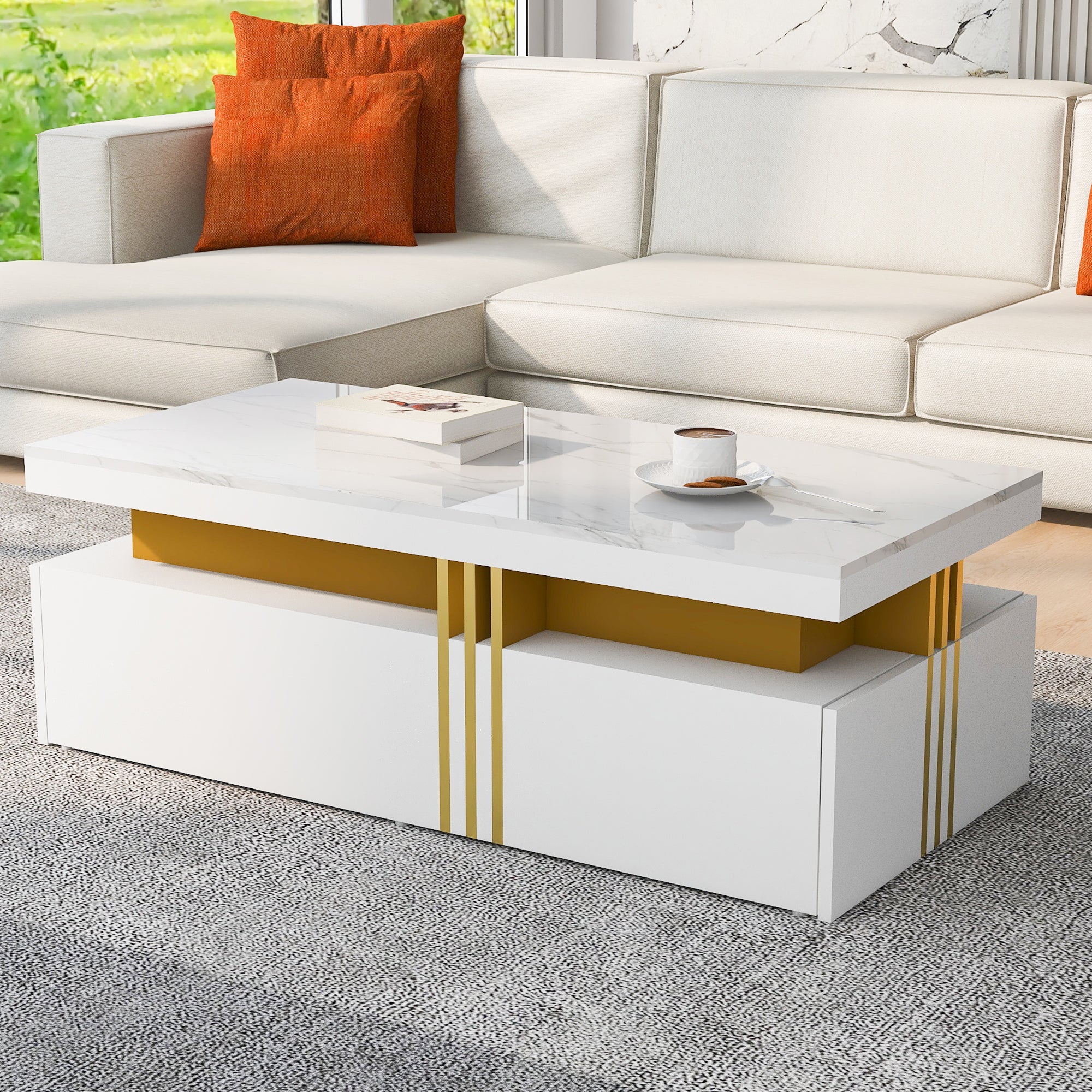 Logidon Modern coffee table high gloss top, 2 drawers, 100x50 cm