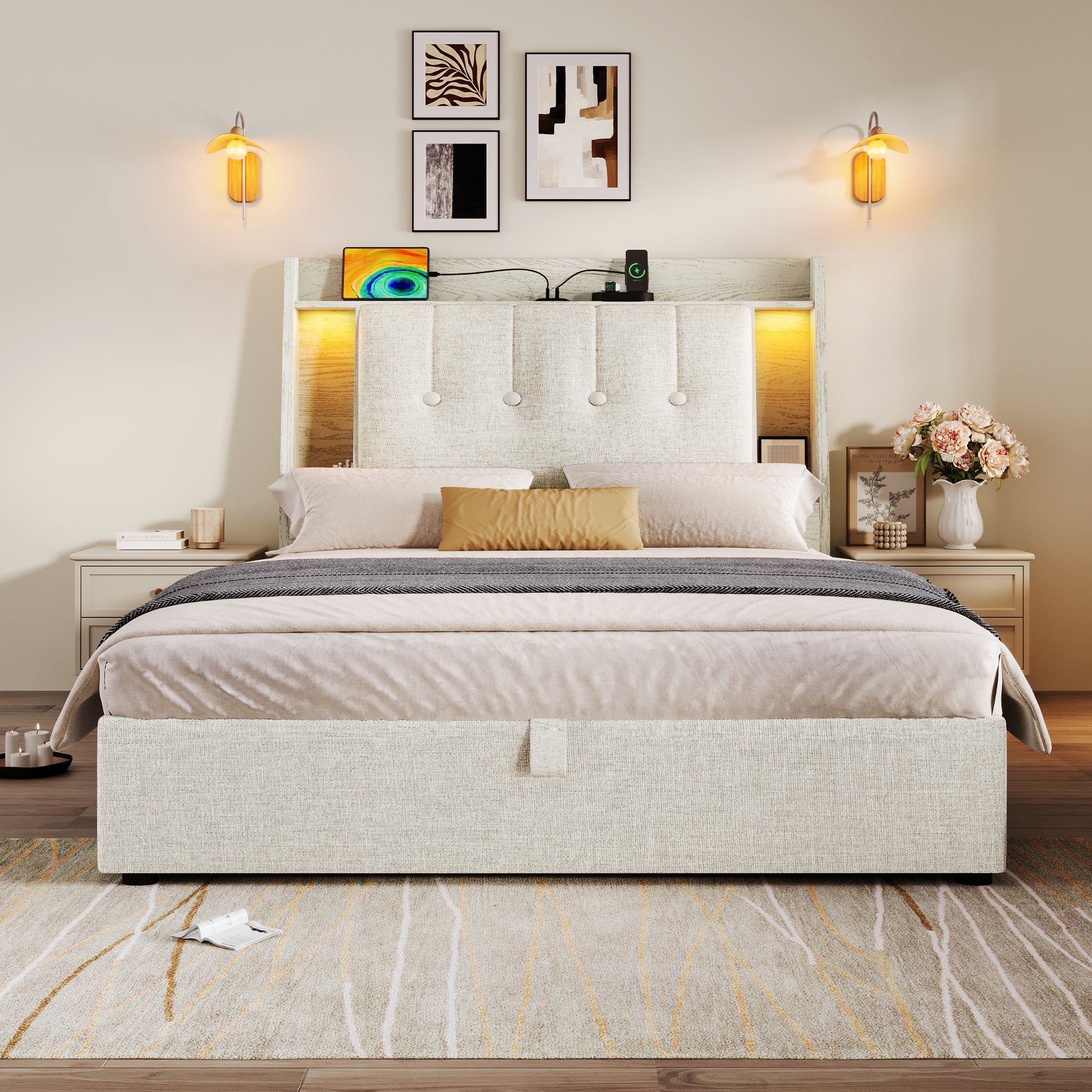 Logidon gestoffeerd bed 90x200 beige linnenlook USB C oplaadfunctie LED
