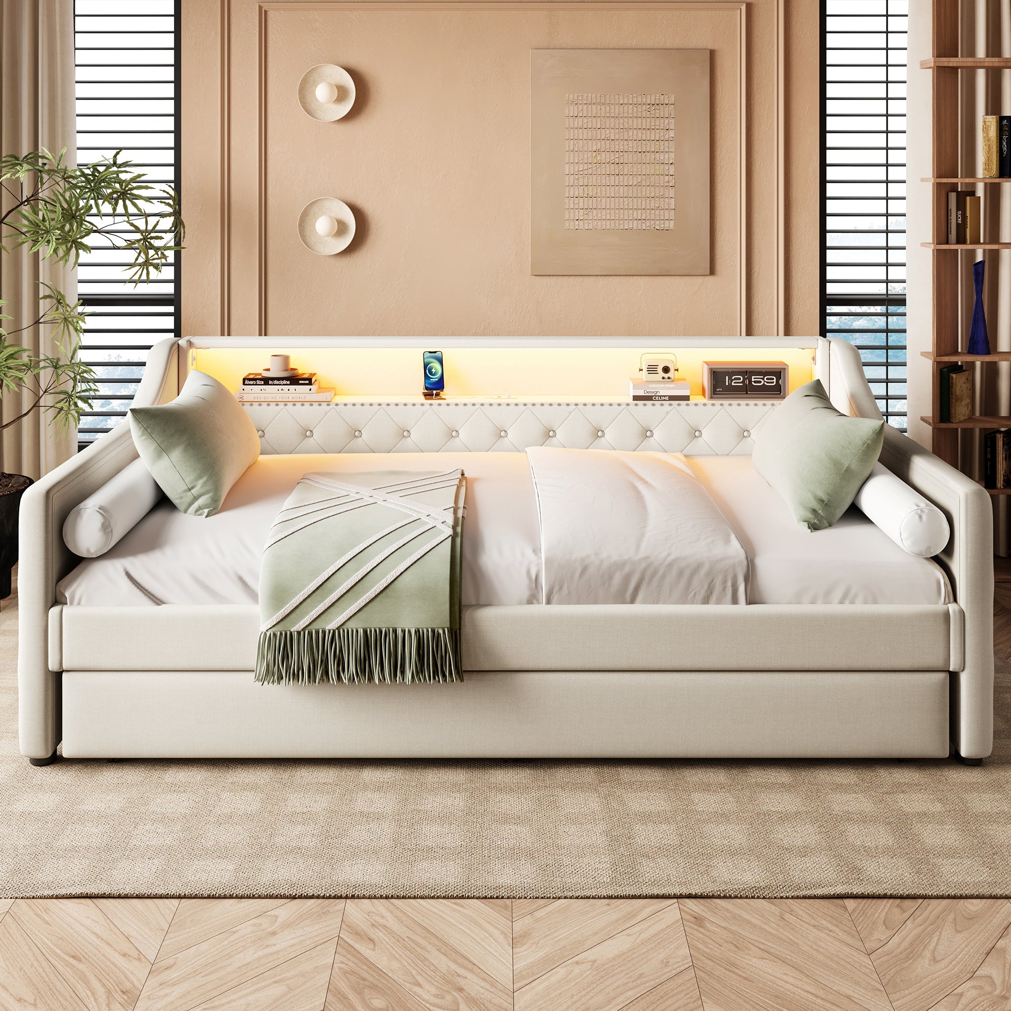 Logidon Daybed 90x200 beige linnen slaapbank LED USB lattenbodem
