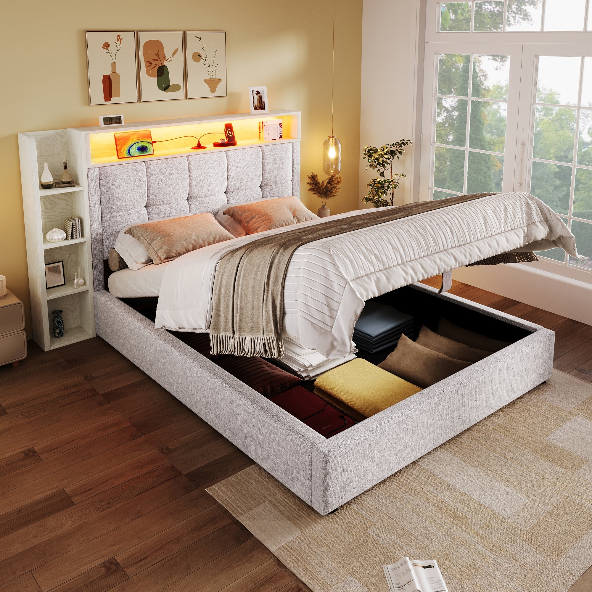 Logidon gestoffeerd bed 90x200 cm beige USB C oplaadfunctie opbergruimte