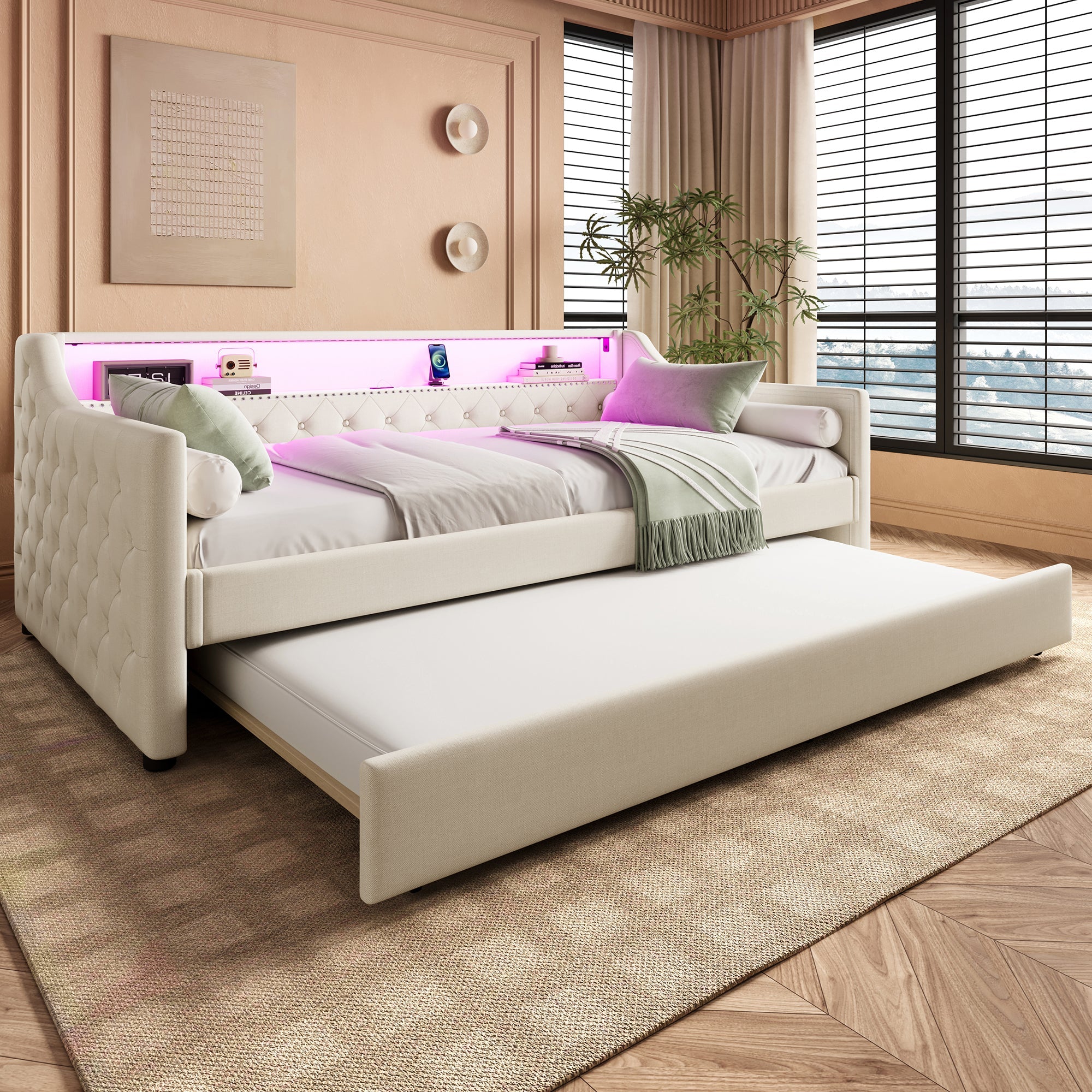 Logidon Daybed 90x200 beige linnen slaapbank LED USB lattenbodem