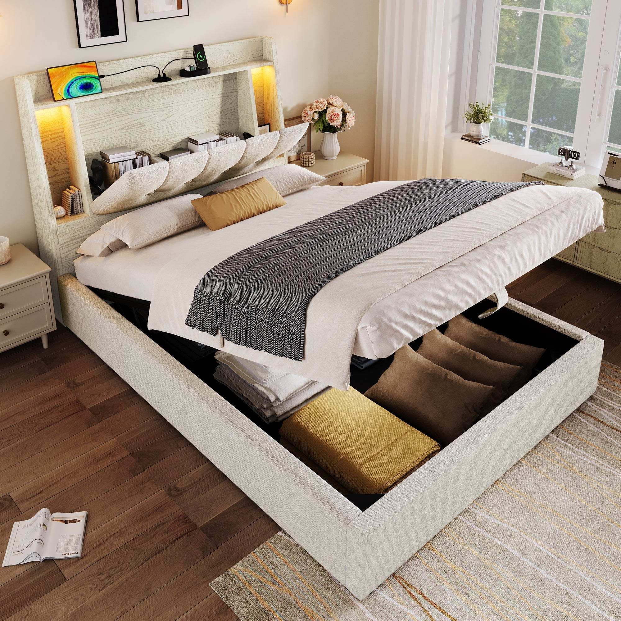 Logidon gestoffeerd bed 90x200 beige linnenlook USB C oplaadfunctie LED