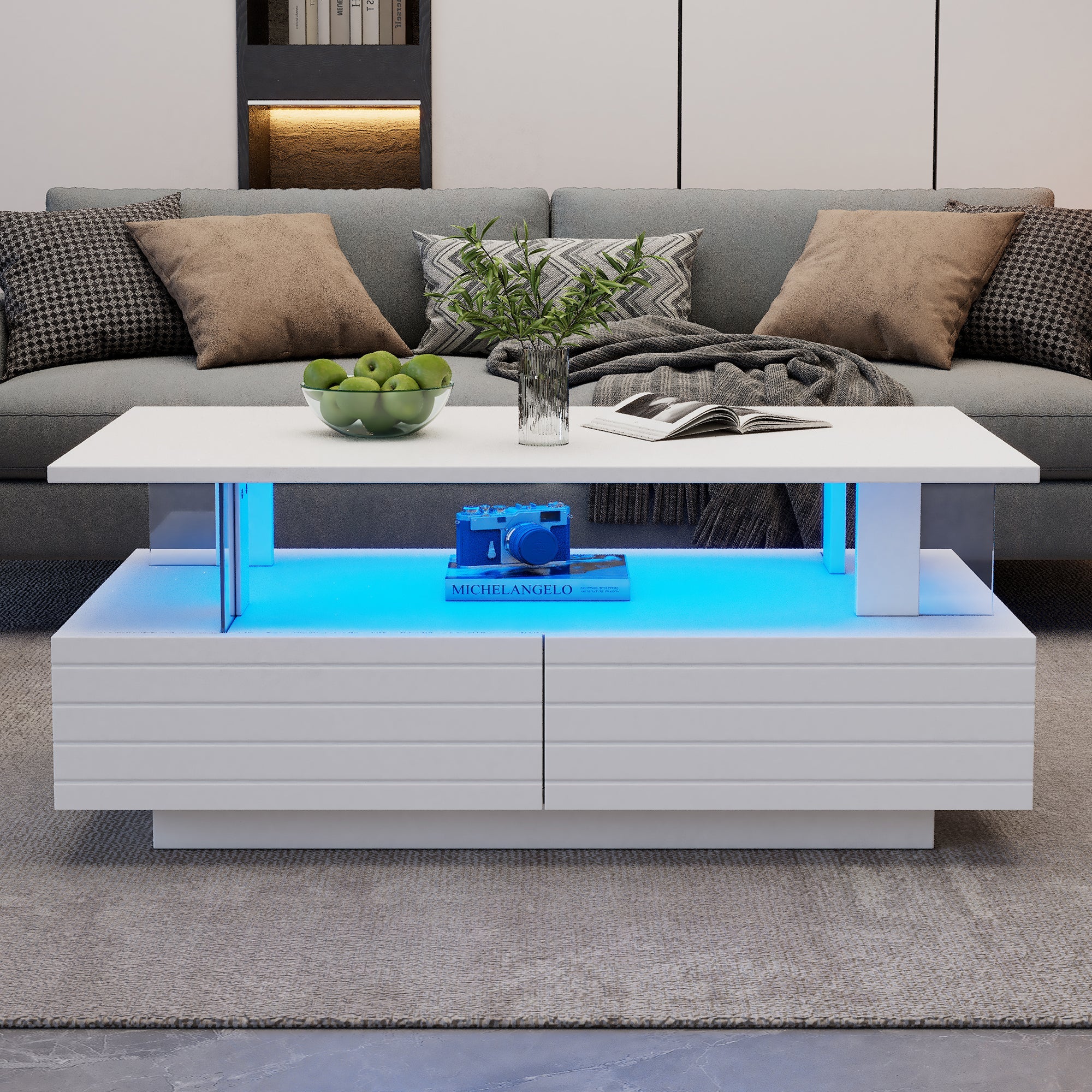 Logidon Witte LED Salontafel met Opbergruimte Bluetooth App Bediening 100x50x42 Cm