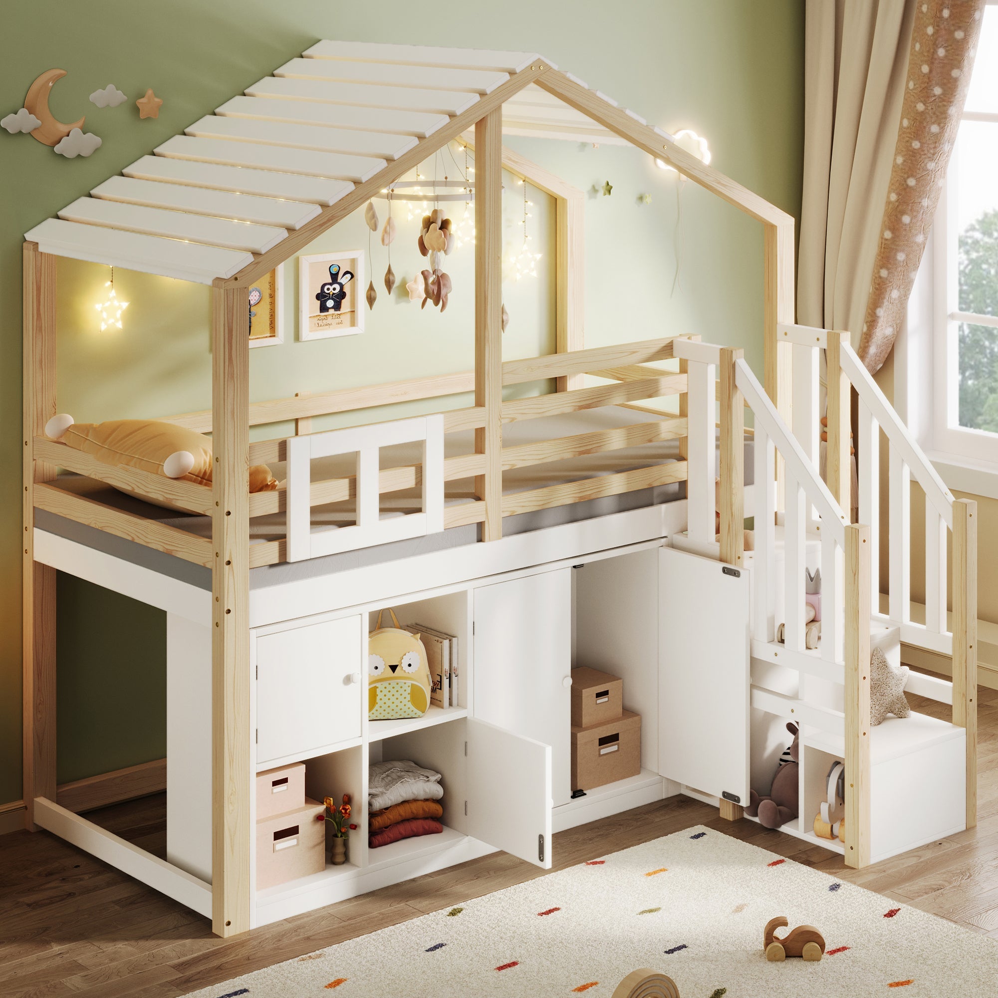 Logidon hoogslaper 90x200 cm huisvorm met opbergruimte wit en naturel