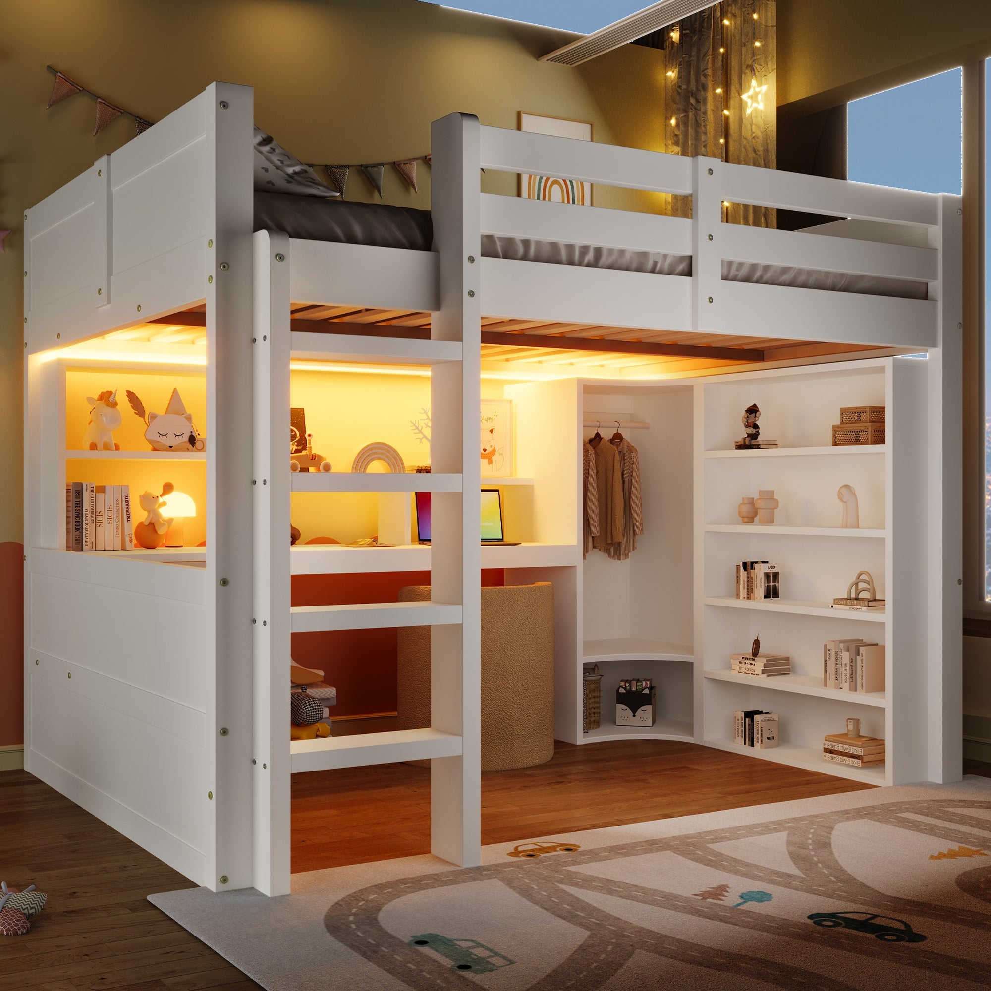 Logidon hoogslaper, 140x200cm, met LED verlichting, kledingkast, bureau, lades, opbergvakken, zonder matras, wit