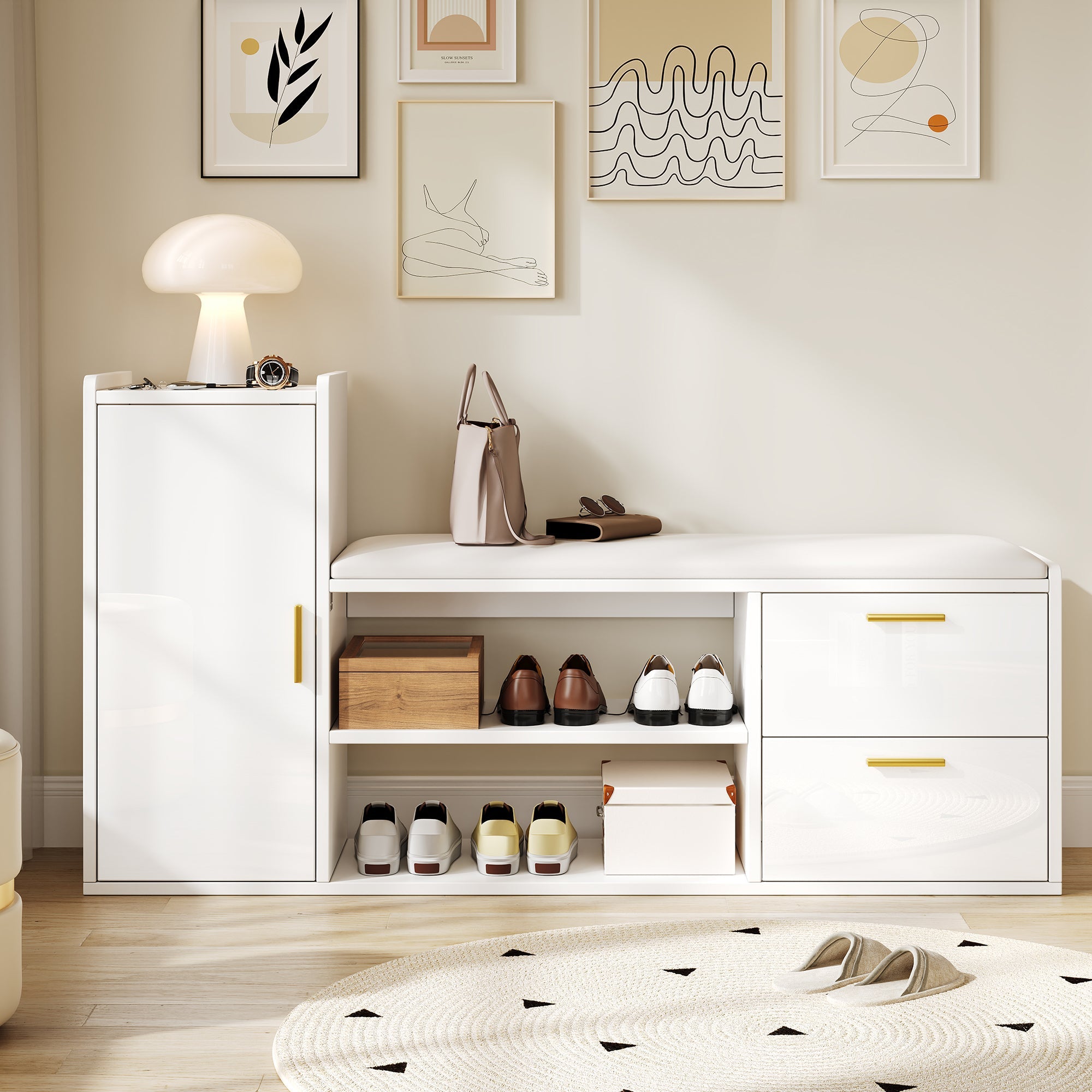 Logidon schoenenbank wit hoogglans 128x30x68 cm met 2 lades