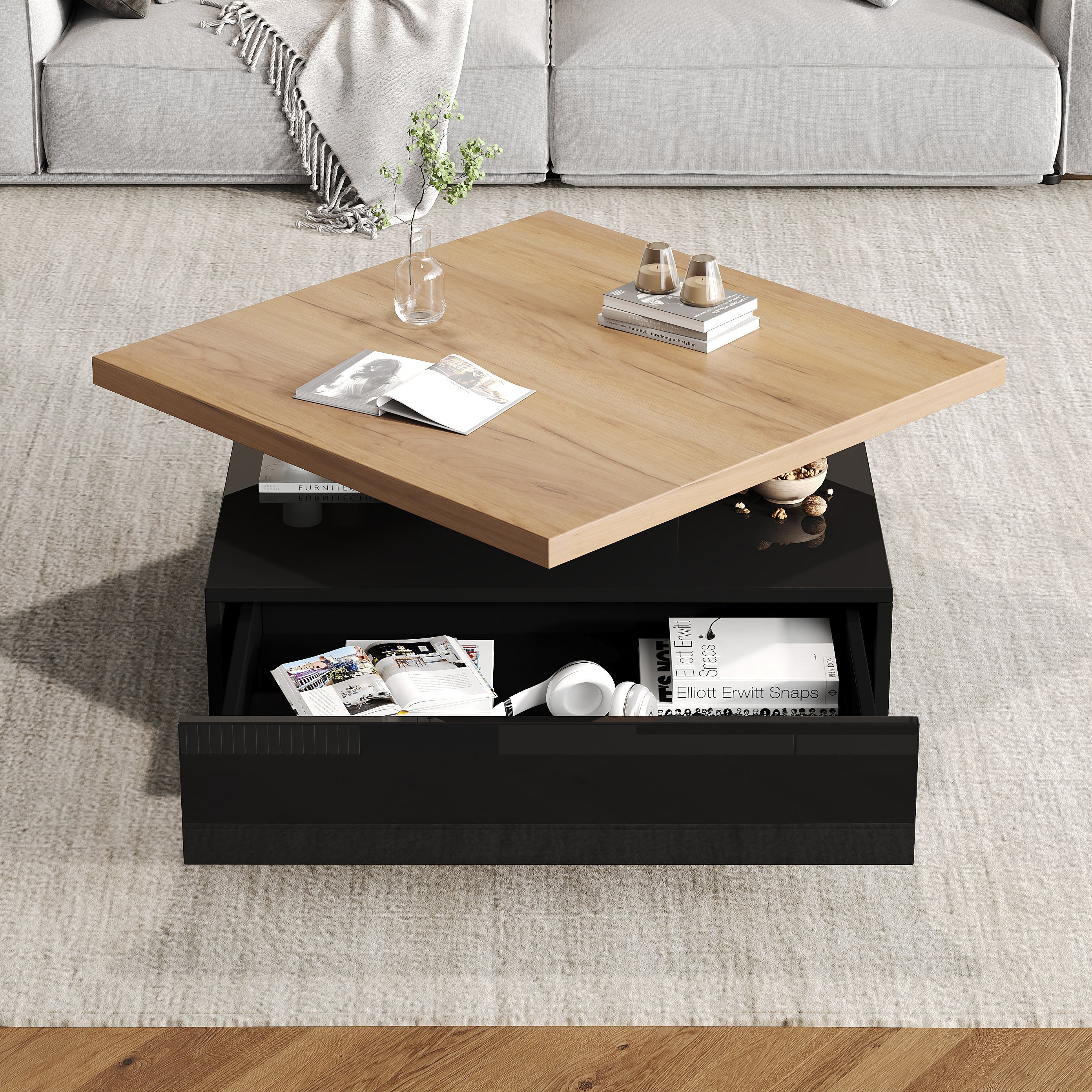 Logidon Vierkante Draaibare Salontafel 70x70 cm Bruin 360 graden