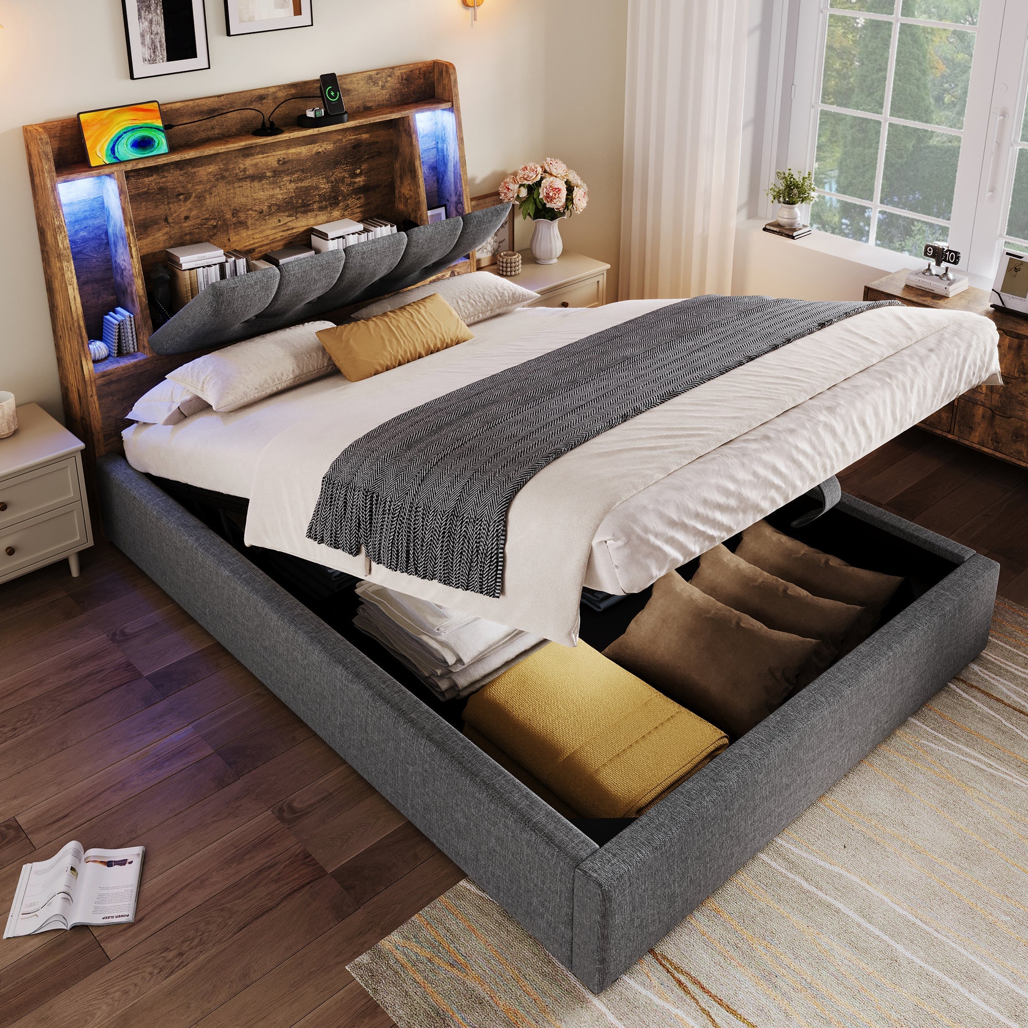 Logidon gestoffeerd bed 90x200 grijs met USB TypeC oplaadfunctie