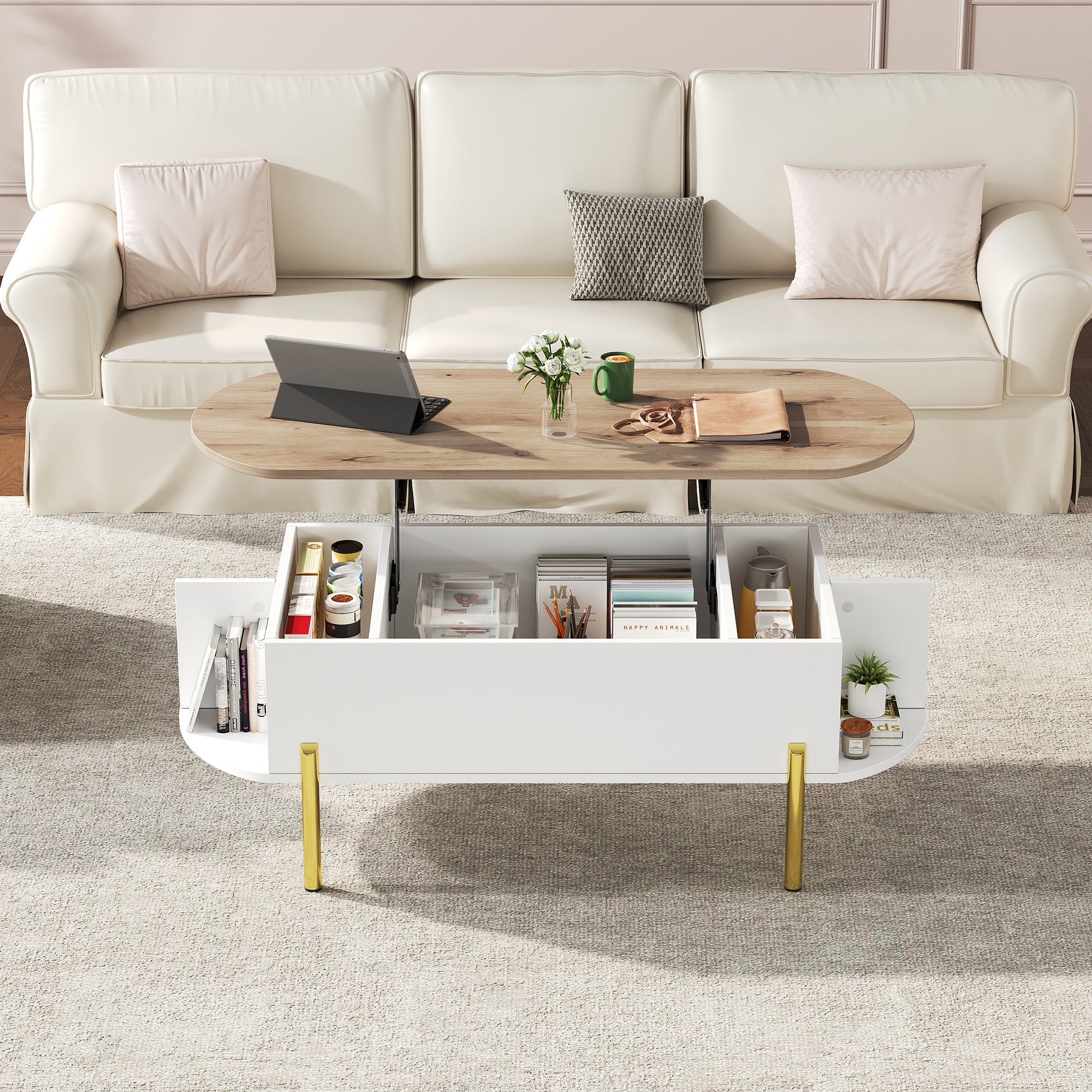 Logidon Verstelbare Salontafel 120x50x43 cm Met Opbergruimte Wit Hout