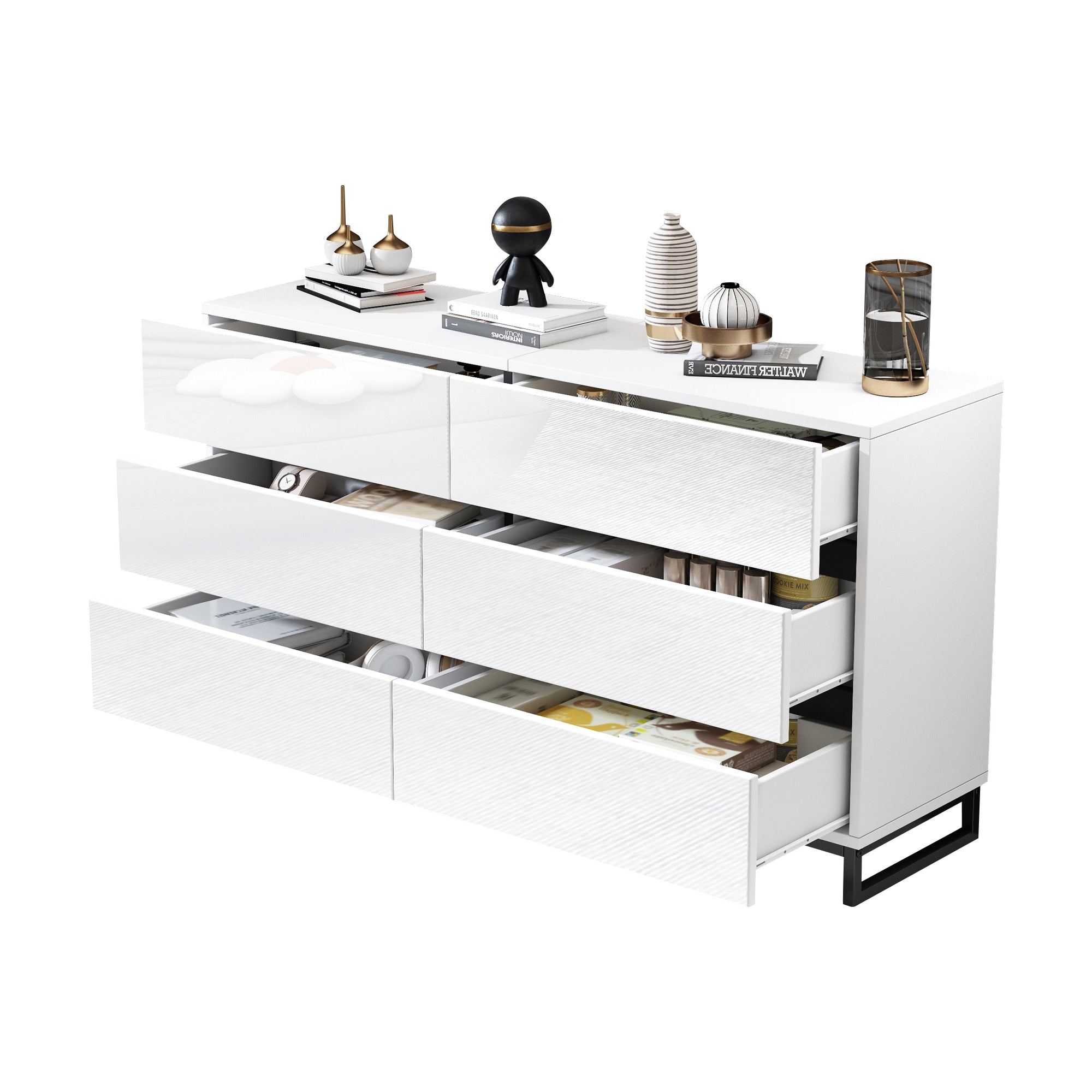 Logidon dressoir 140 cm hoogglans wit zwart met 6 lades
