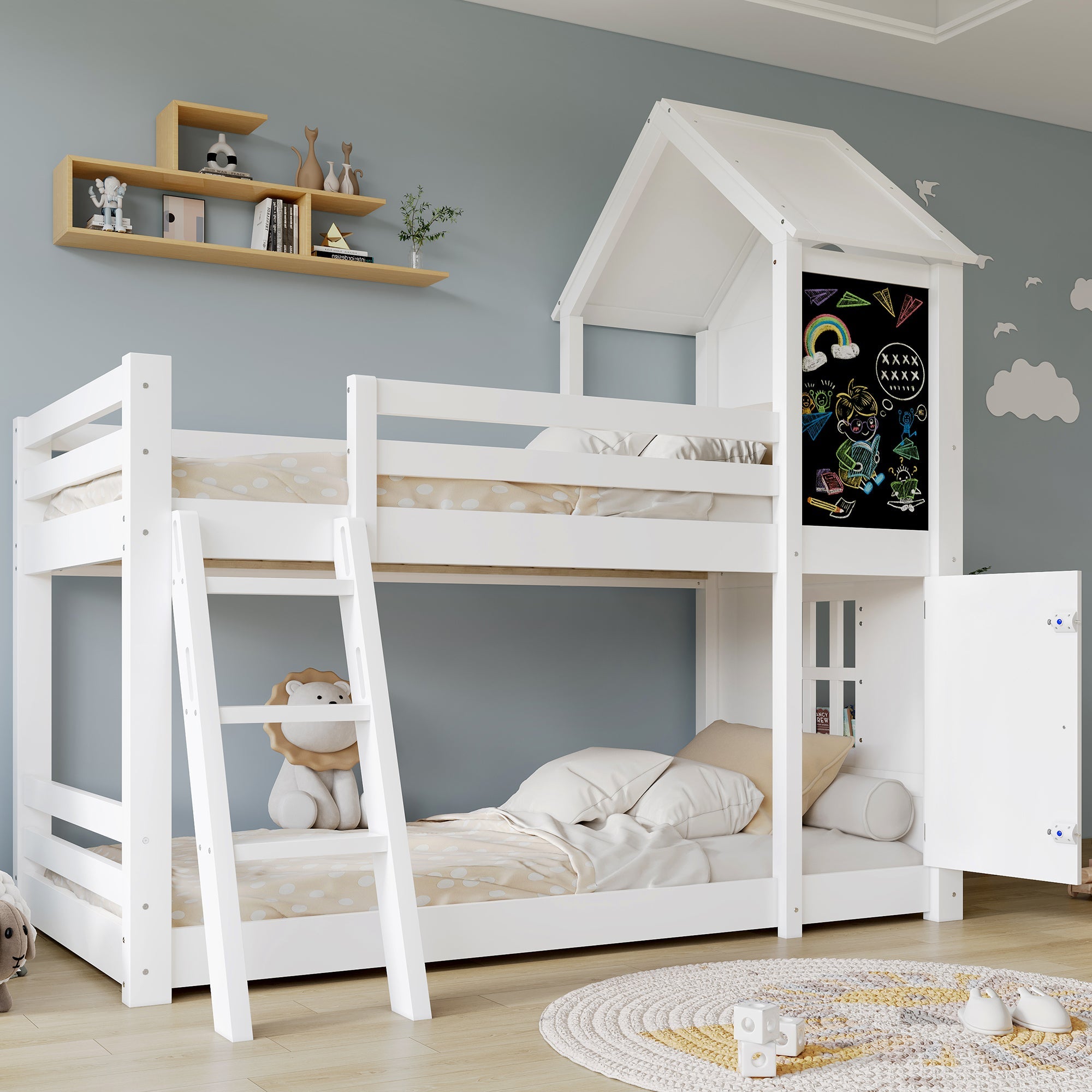 Logidon stapelbed wit 90x200 met deurpaneeldak en ladder