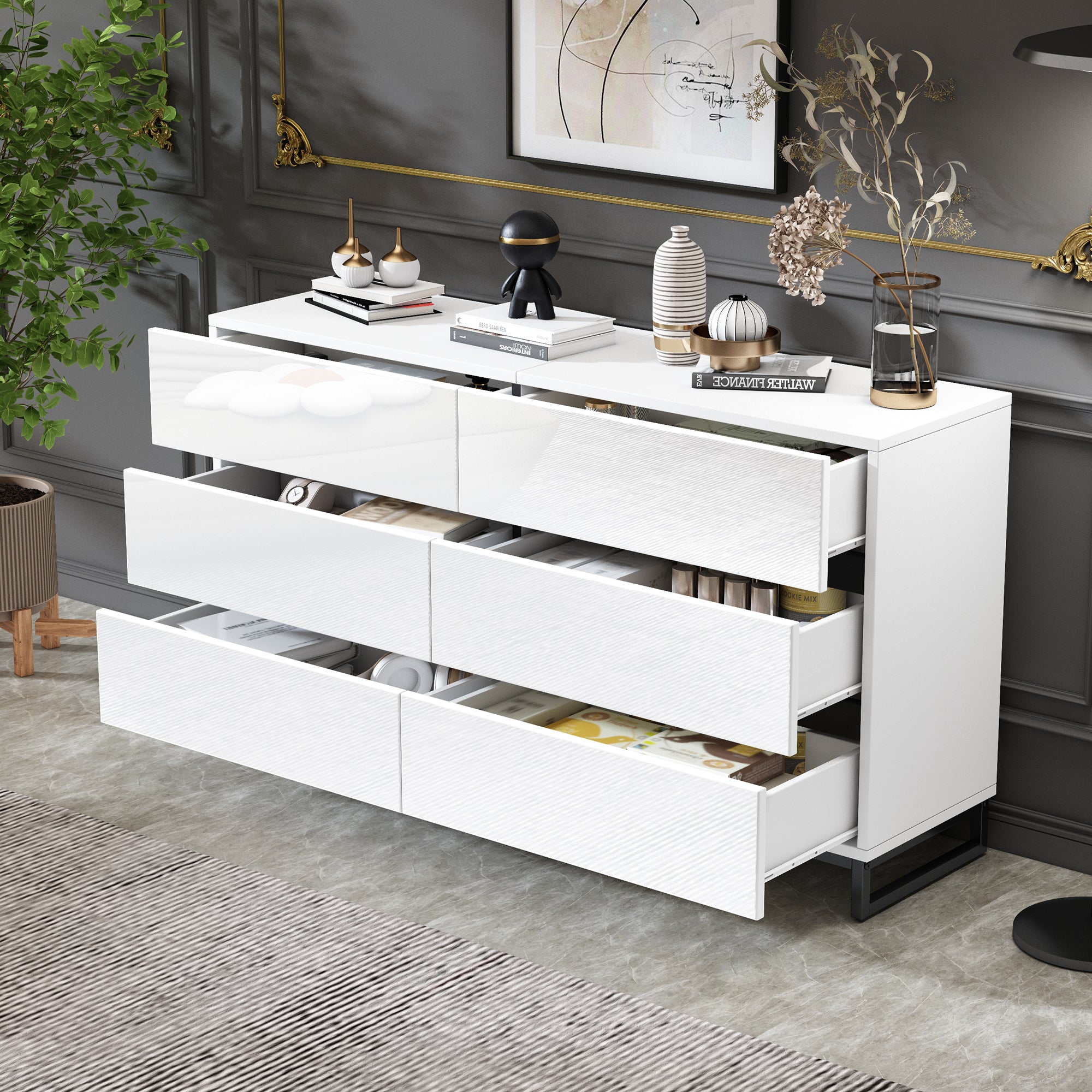 Logidon dressoir 140 cm hoogglans wit zwart met 6 lades