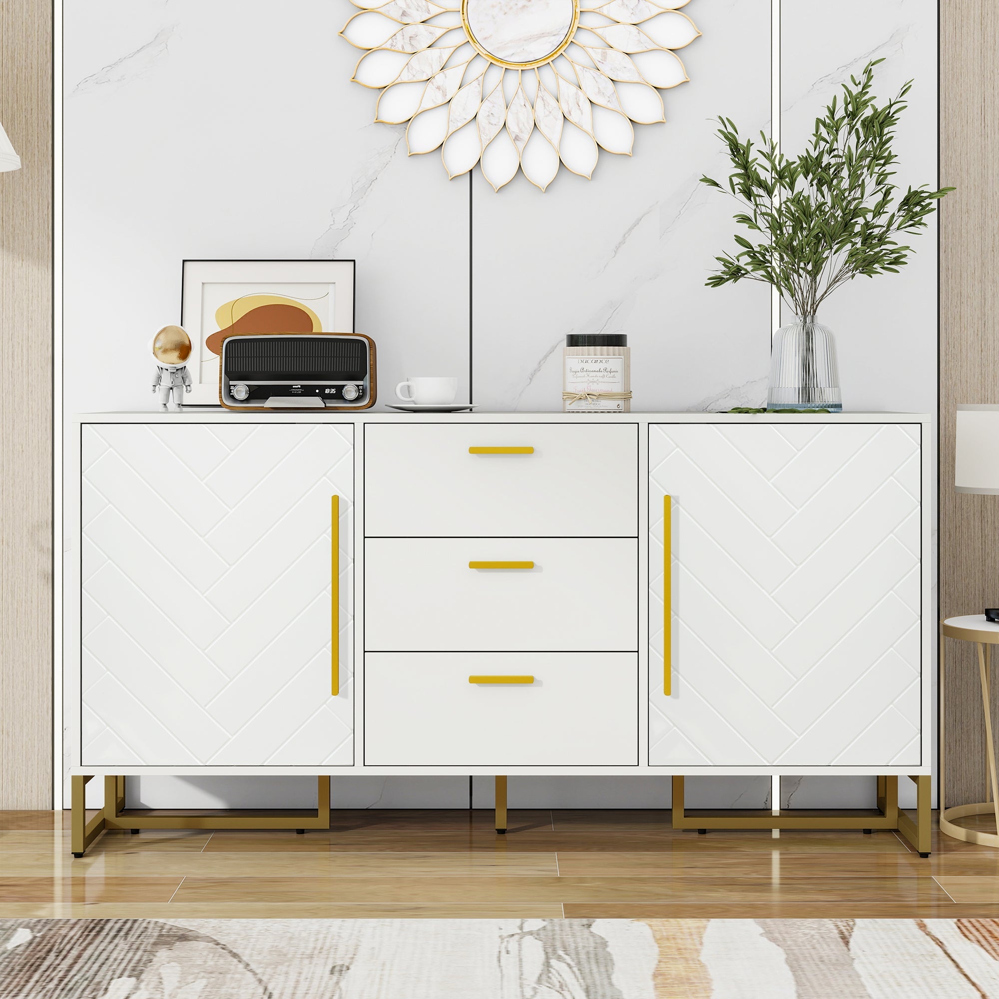 Logidon dressoir wit visgraatpatroon 145x40x75 cm 3 lades