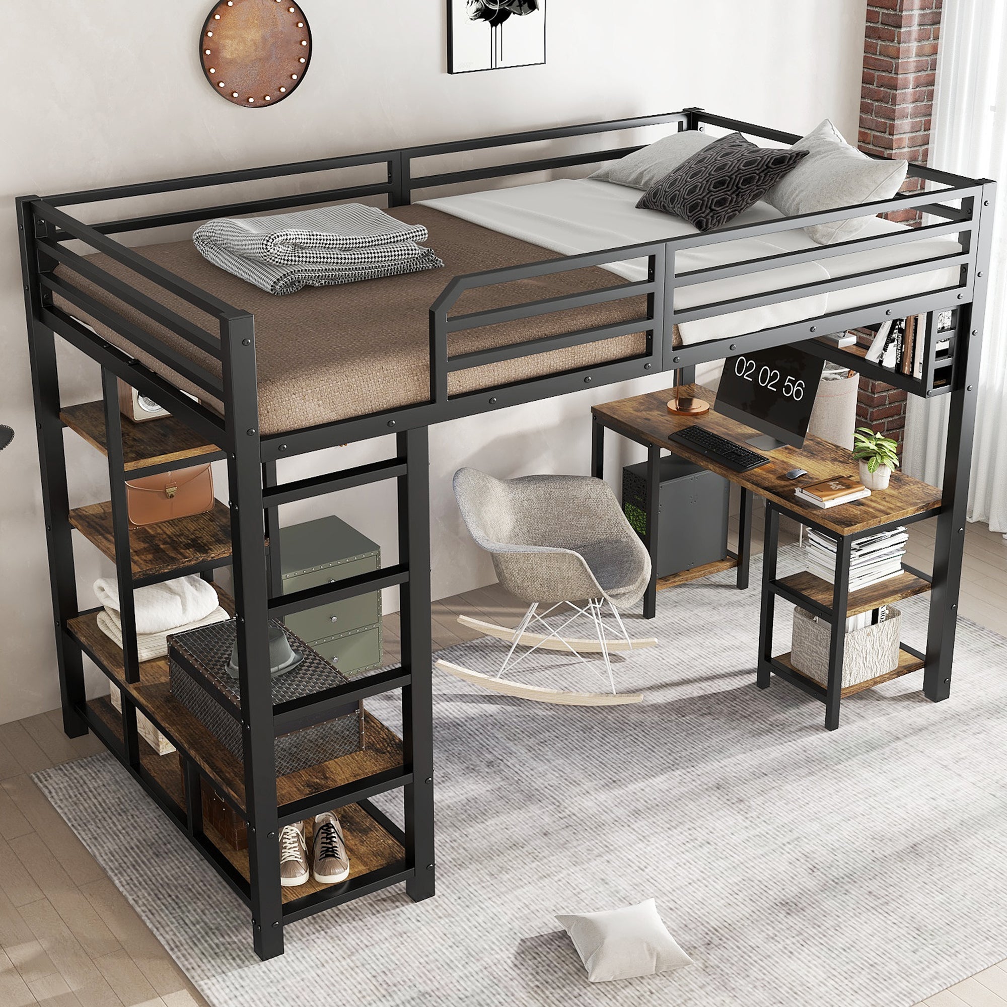Logidon hoogslaper 120x200 cm metaal zwart met bureau en plank