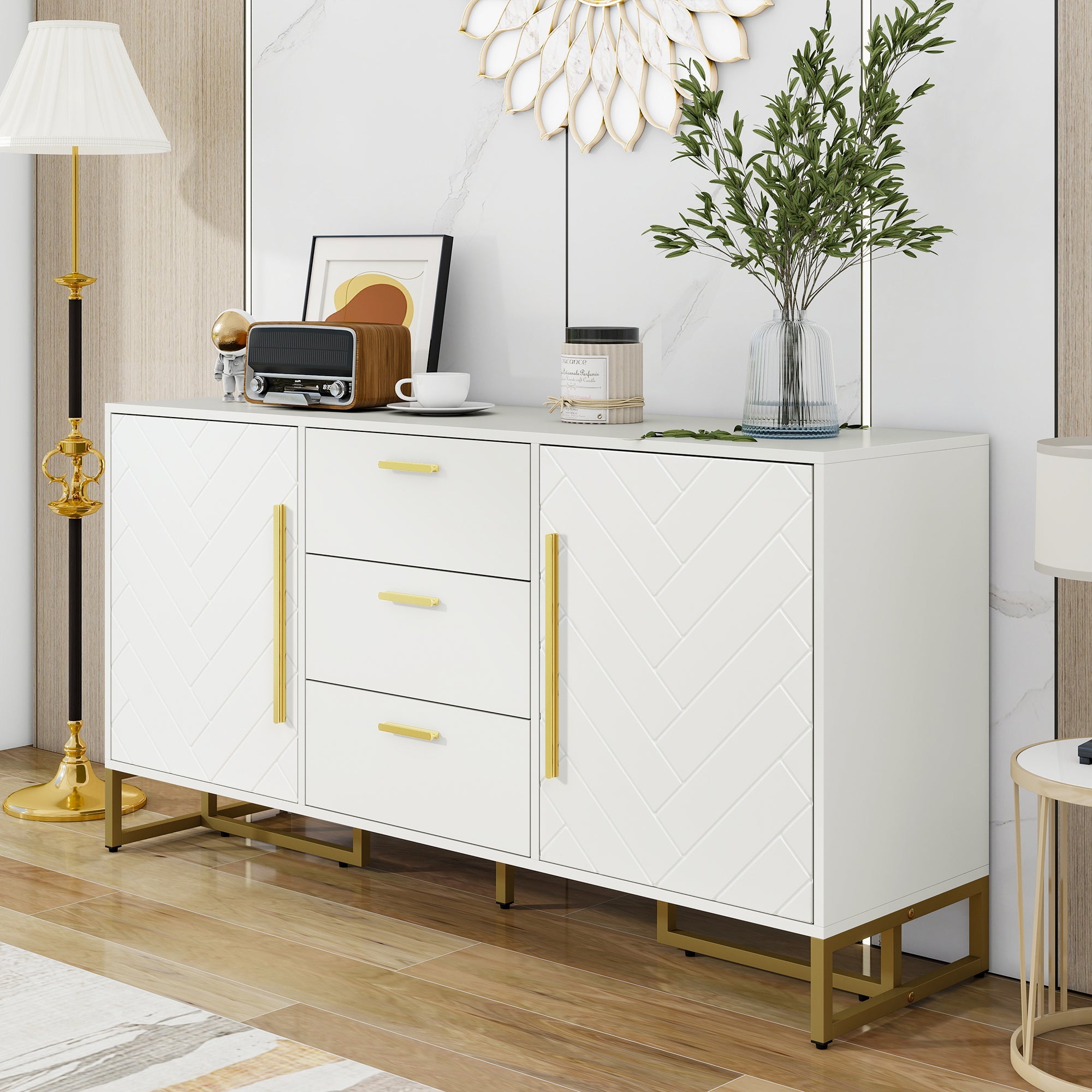 Logidon dressoir wit visgraatpatroon 145x40x75 cm 3 lades