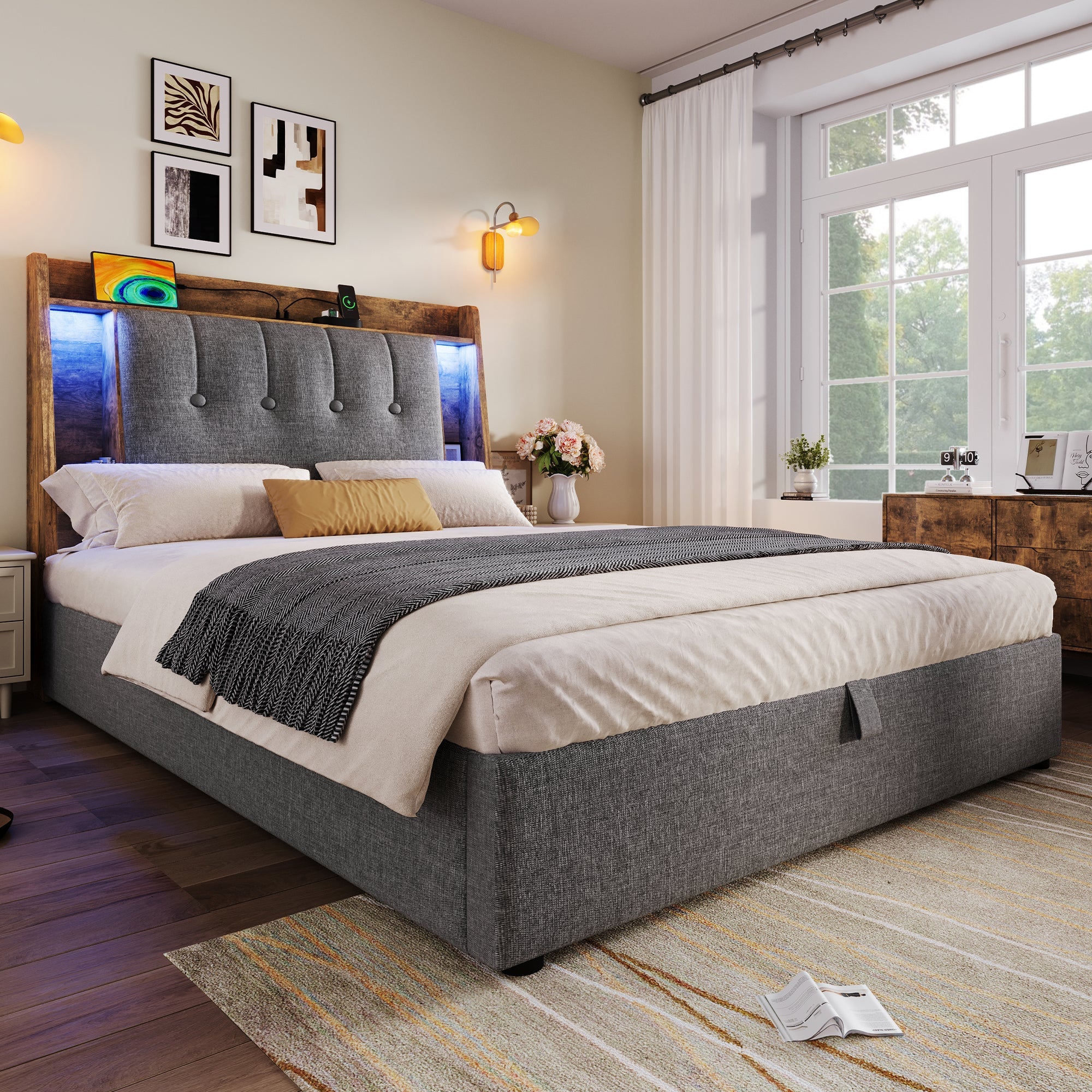 Logidon gestoffeerd bed 90x200 grijs met USB TypeC oplaadfunctie