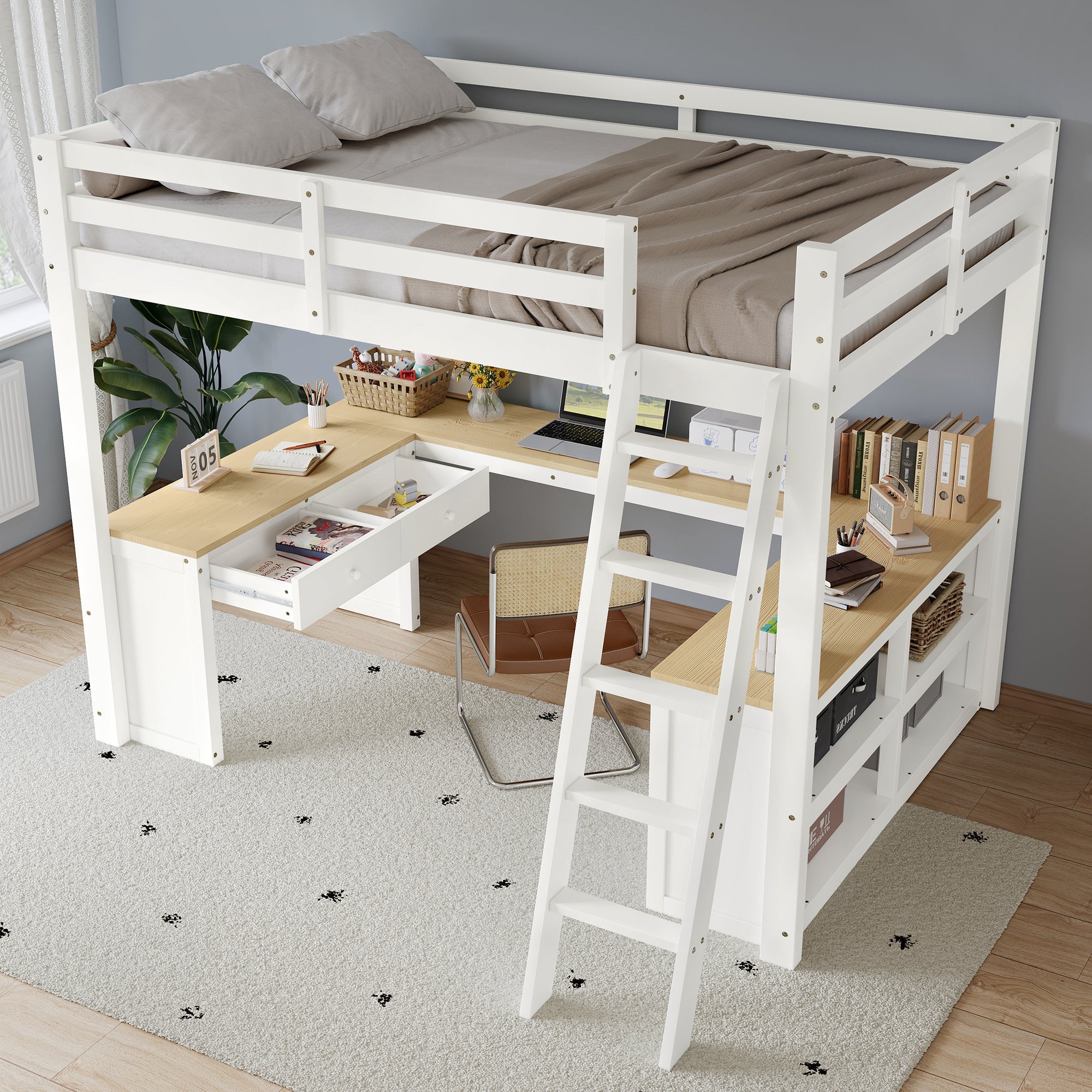 Logidon hoogslaper 140x200 cm wit naturel U-vormige lange tafel 2 lades