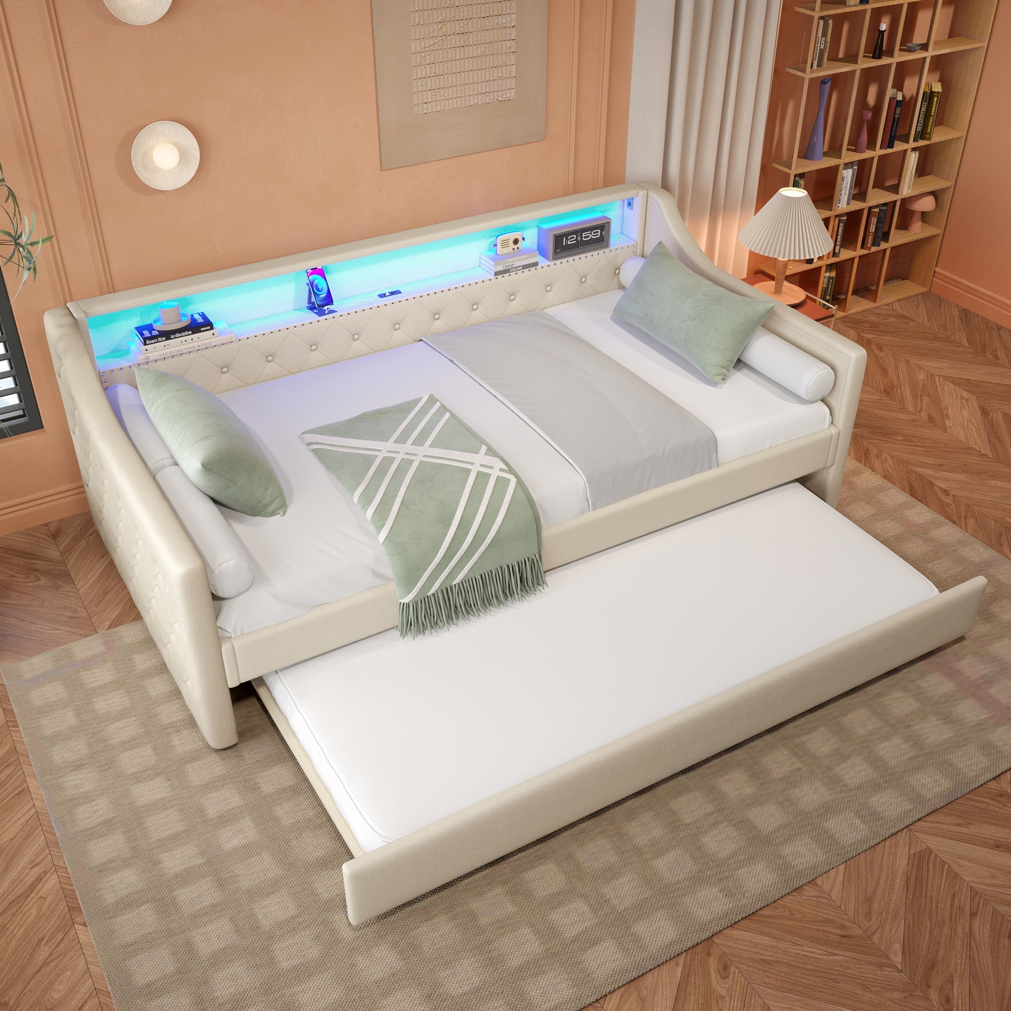 Logidon Daybed 90x200 beige linnen slaapbank LED USB lattenbodem