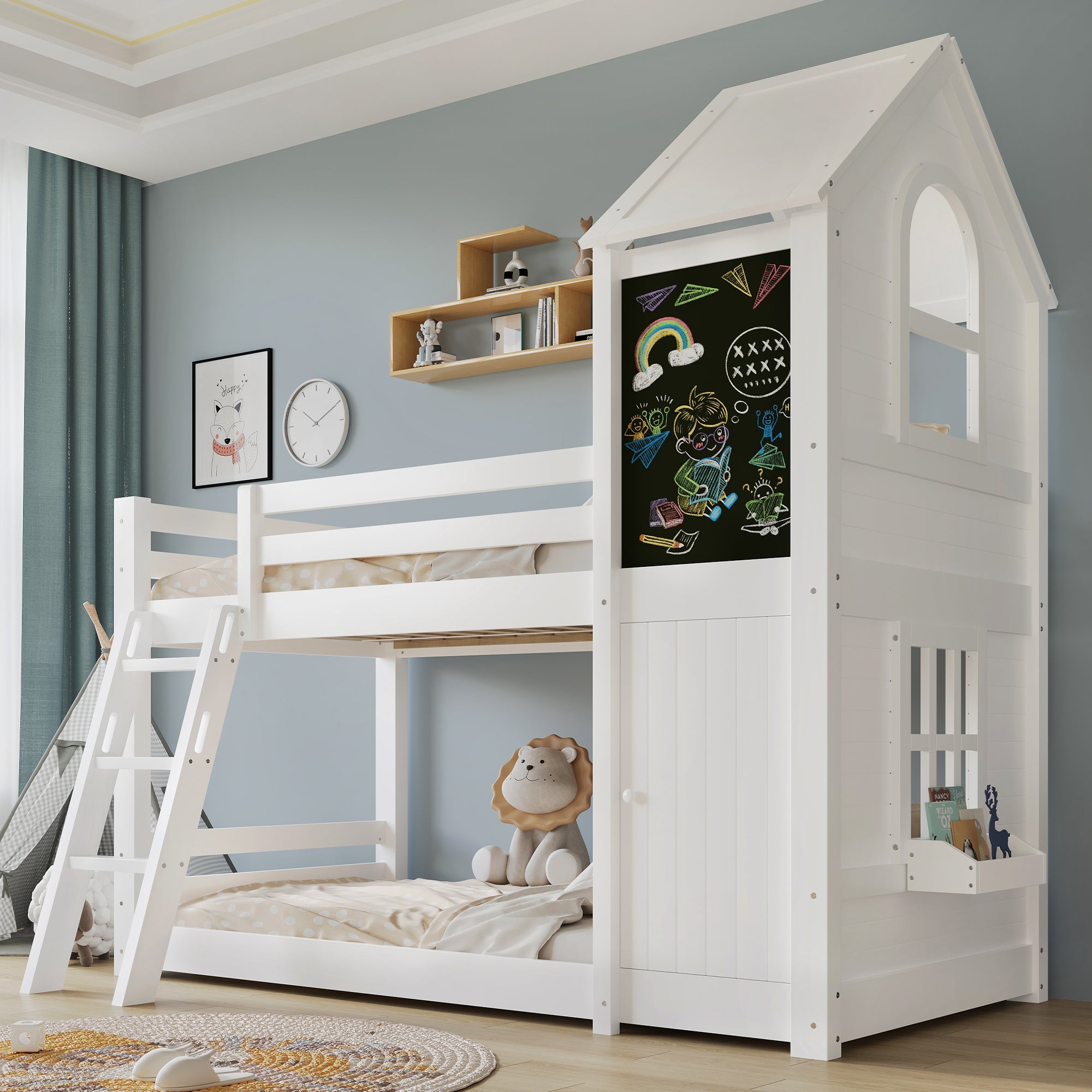 Logidon stapelbed wit 90x200 met deurpaneeldak en ladder