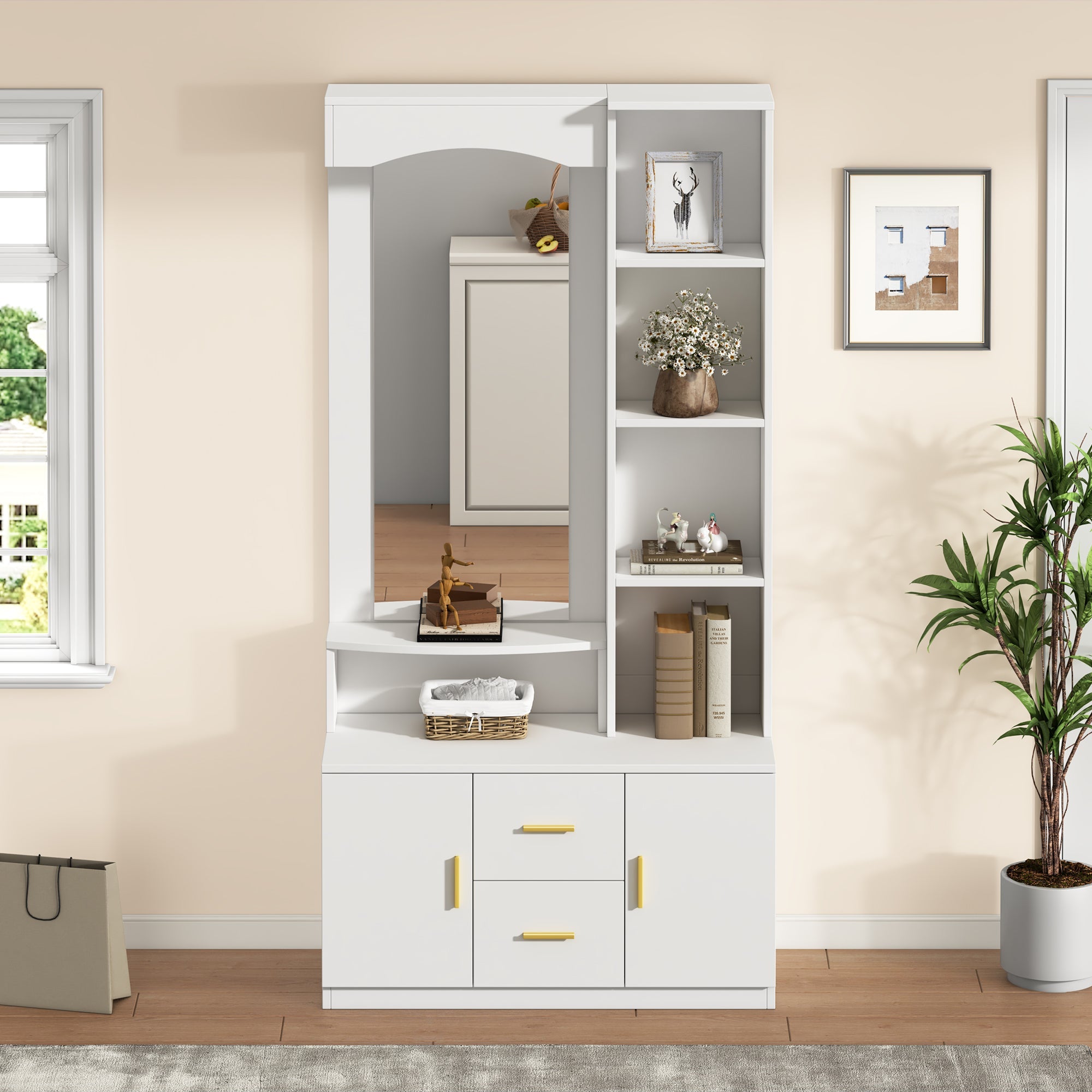Logidon 90x40x180 cm halkast wit met spiegel en schoenenkast