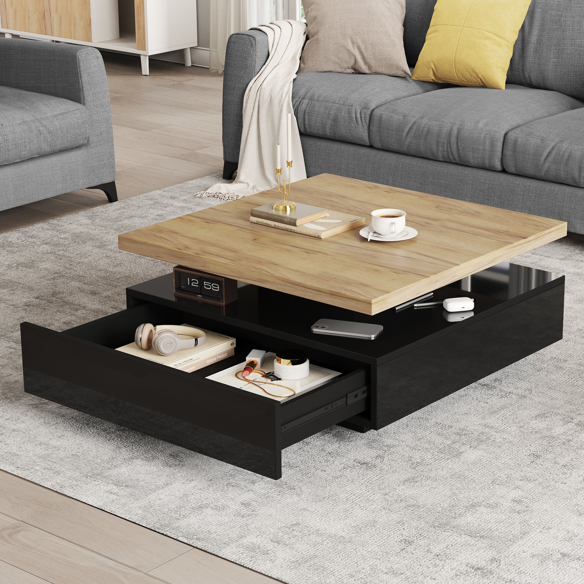 Logidon Vierkante Draaibare Salontafel 70x70 cm Bruin 360 graden