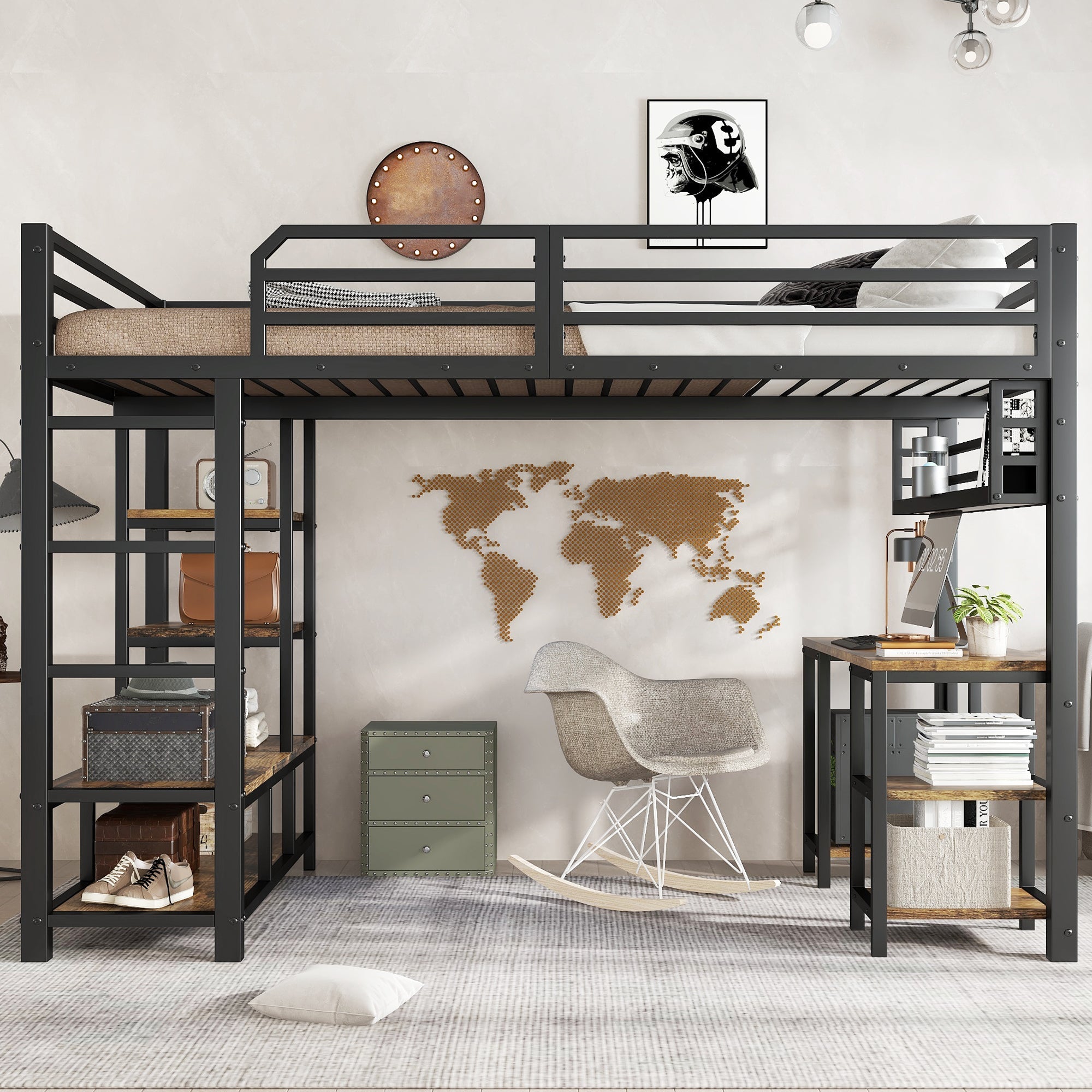 Logidon hoogslaper 120x200 cm metaal zwart met bureau en plank