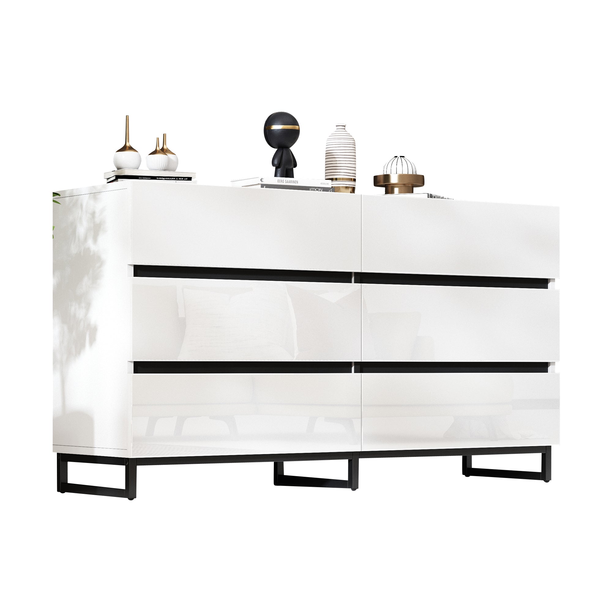 Logidon dressoir 140 cm hoogglans wit zwart met 6 lades