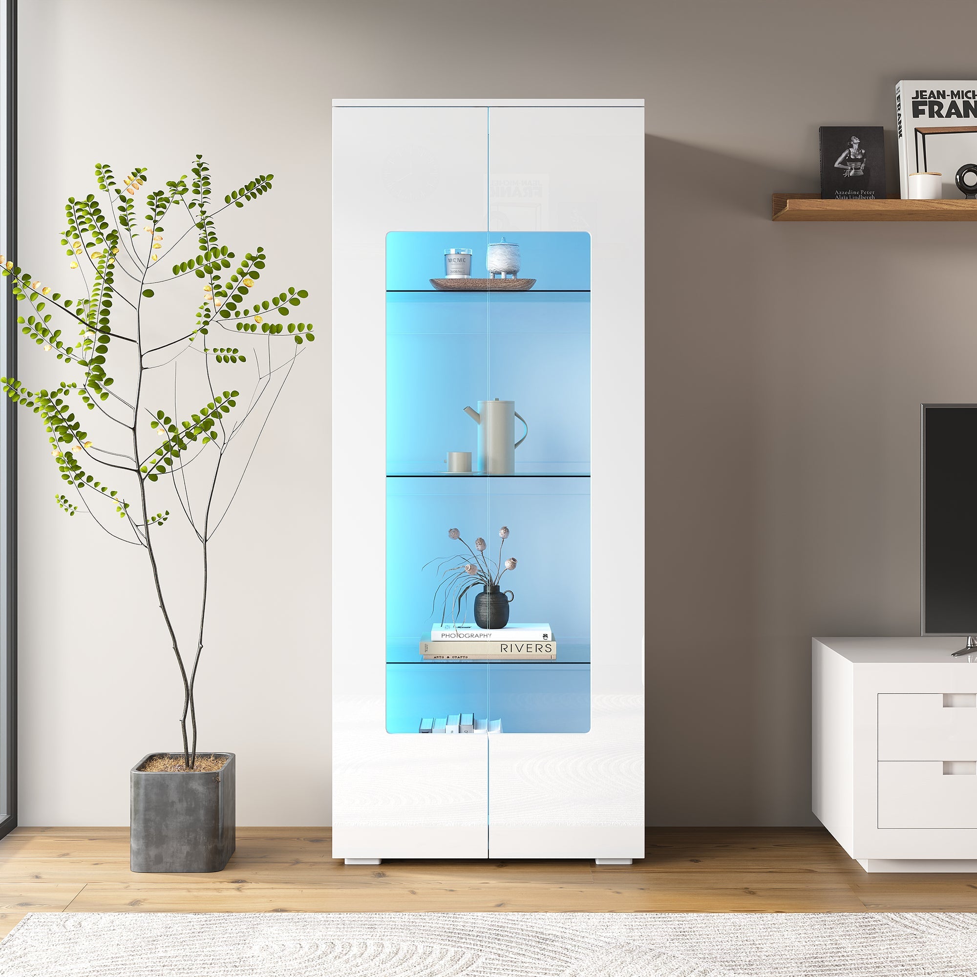 Logidon hoogglans vitrinekast 70x40x173 cm wit met LED-verlichting