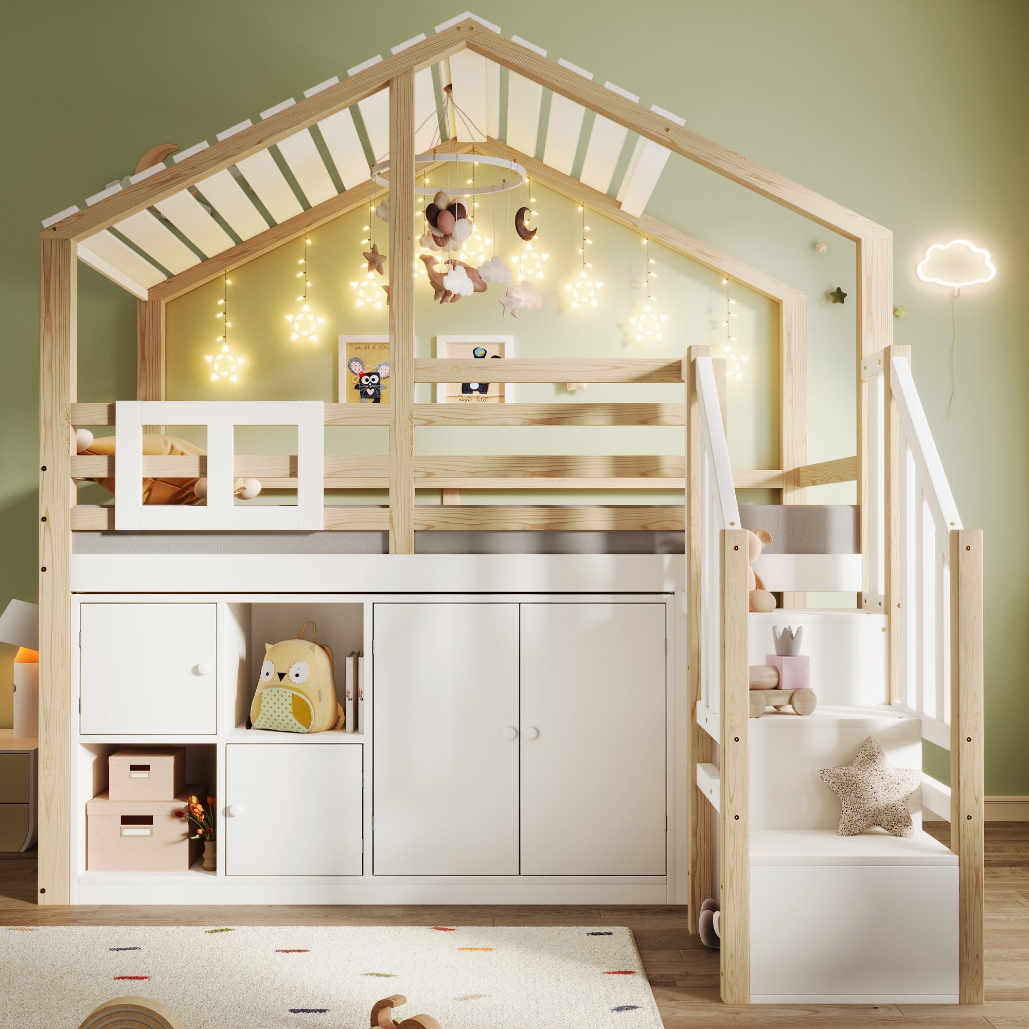 Logidon hoogslaper 90x200 cm huisvorm met opbergruimte wit en naturel