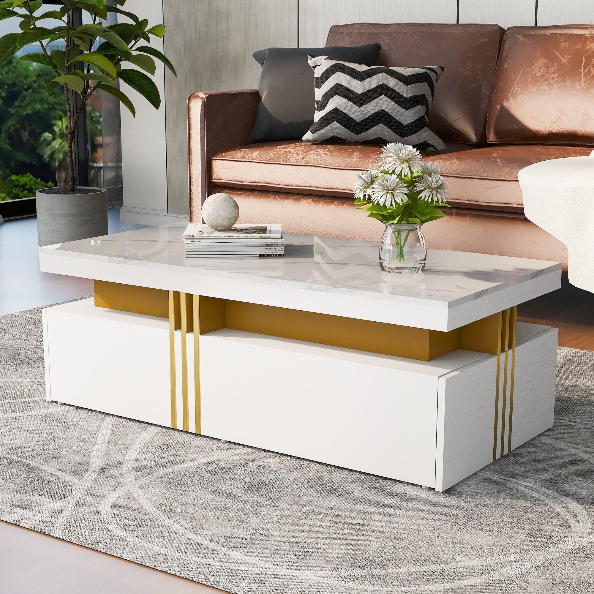 Logidon Modern coffee table high gloss top, 2 drawers, 100x50 cm