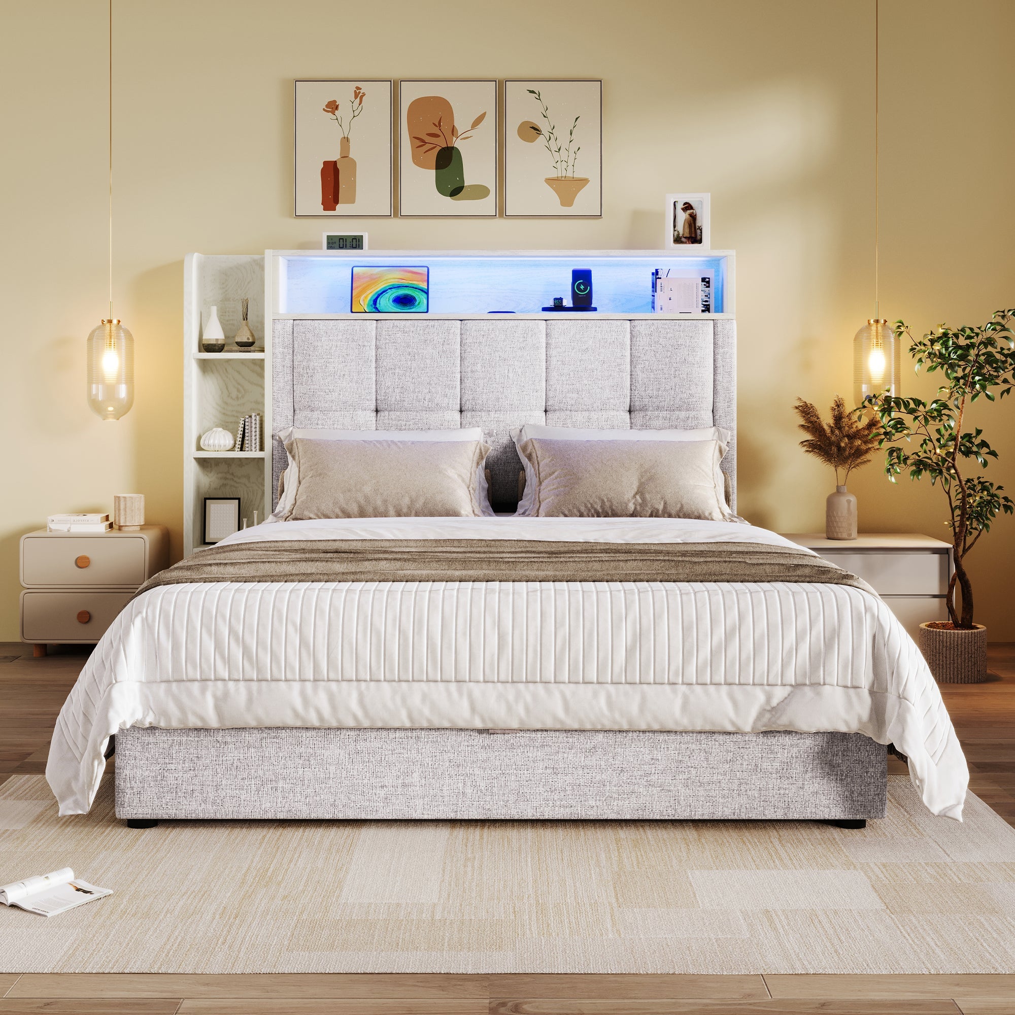 Logidon gestoffeerd bed 90x200 cm beige USB C oplaadfunctie opbergruimte