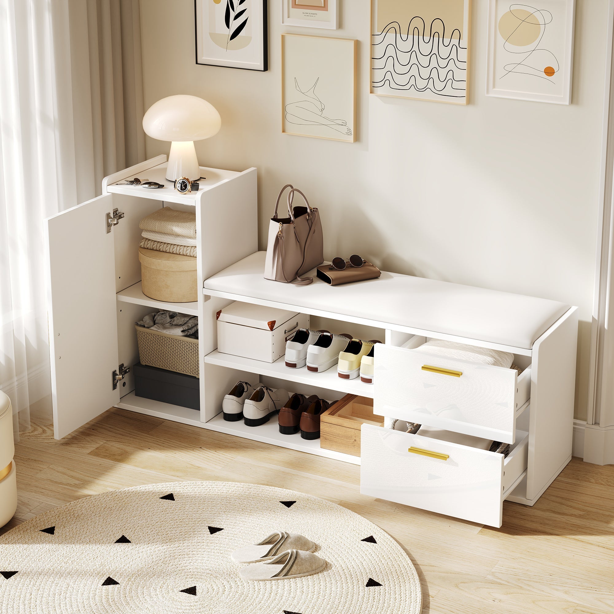Logidon schoenenbank wit hoogglans 128x30x68 cm met 2 lades