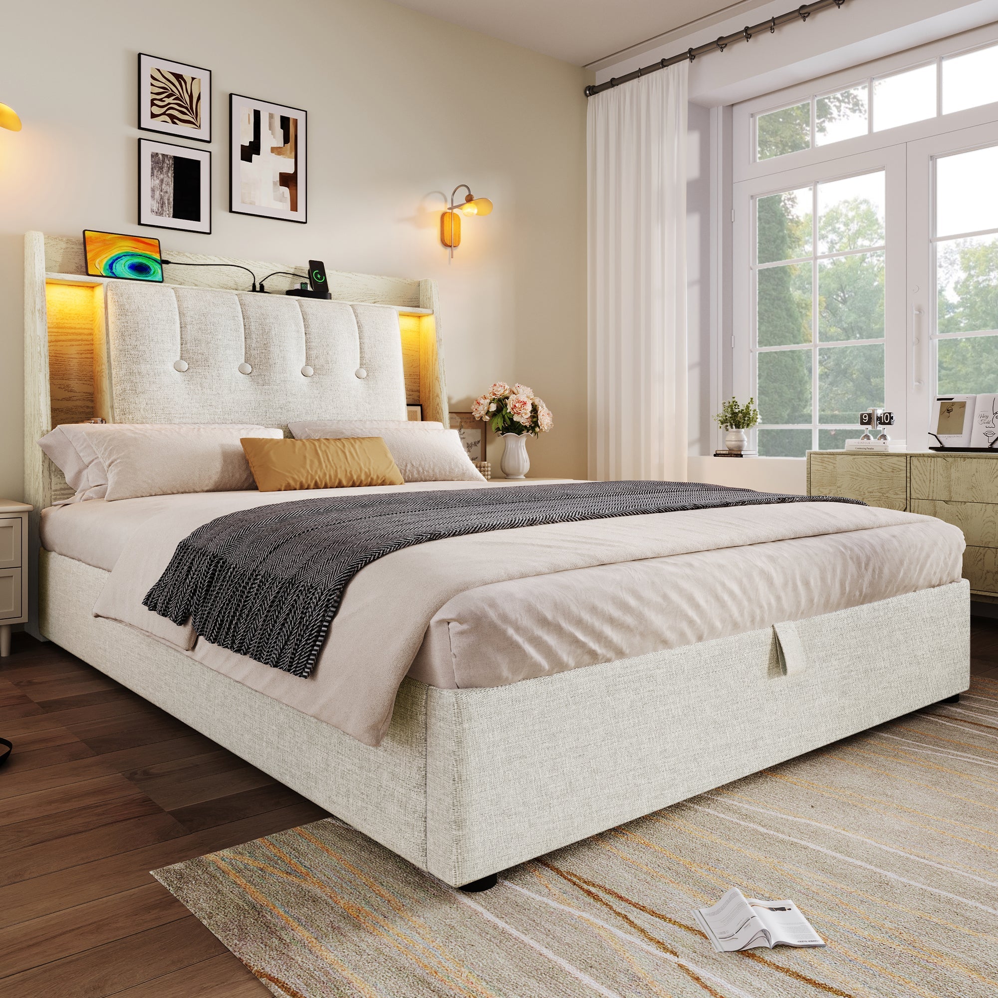 Logidon gestoffeerd bed 90x200 beige linnenlook USB C oplaadfunctie LED