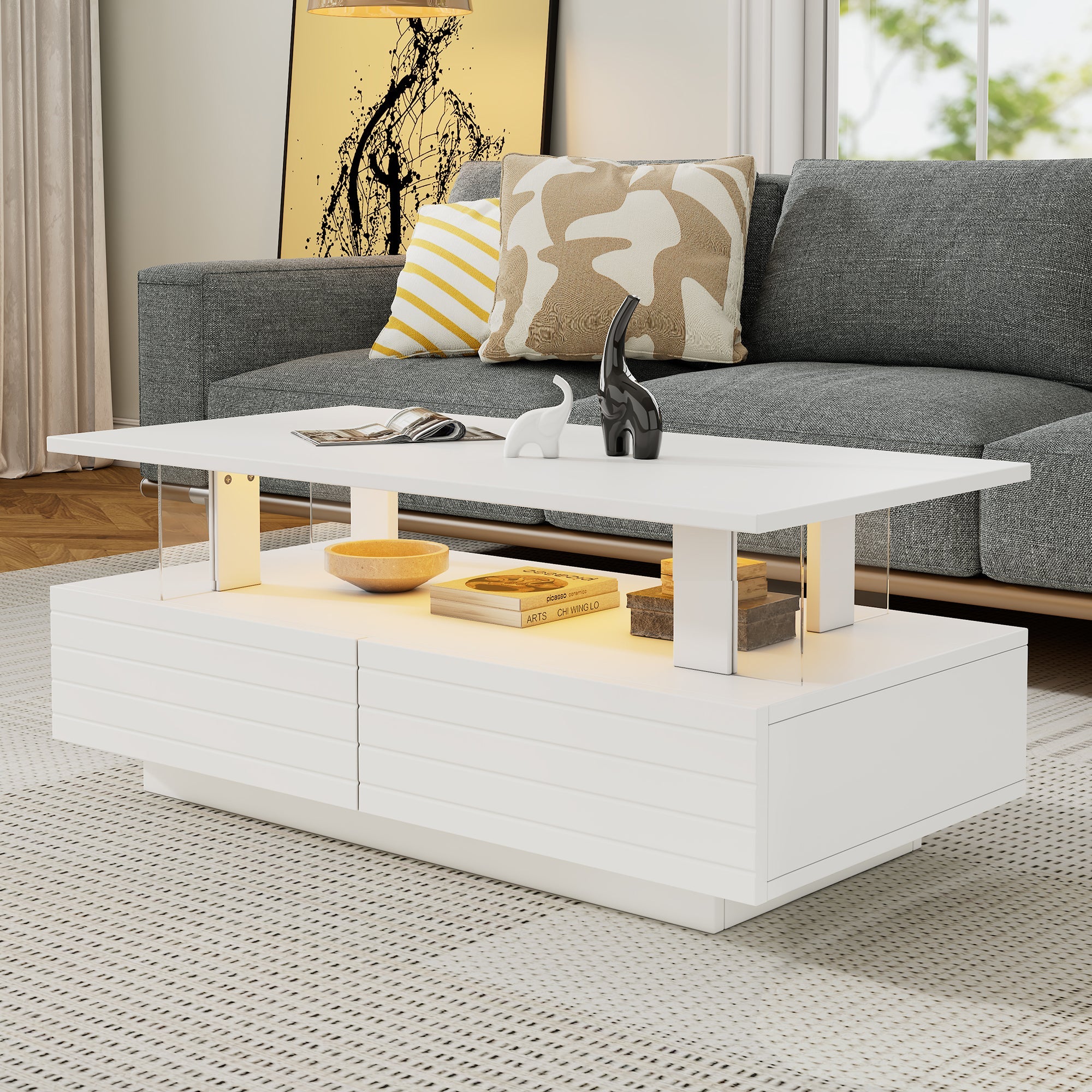 Logidon Witte LED Salontafel met Opbergruimte Bluetooth App Bediening 100x50x42 Cm